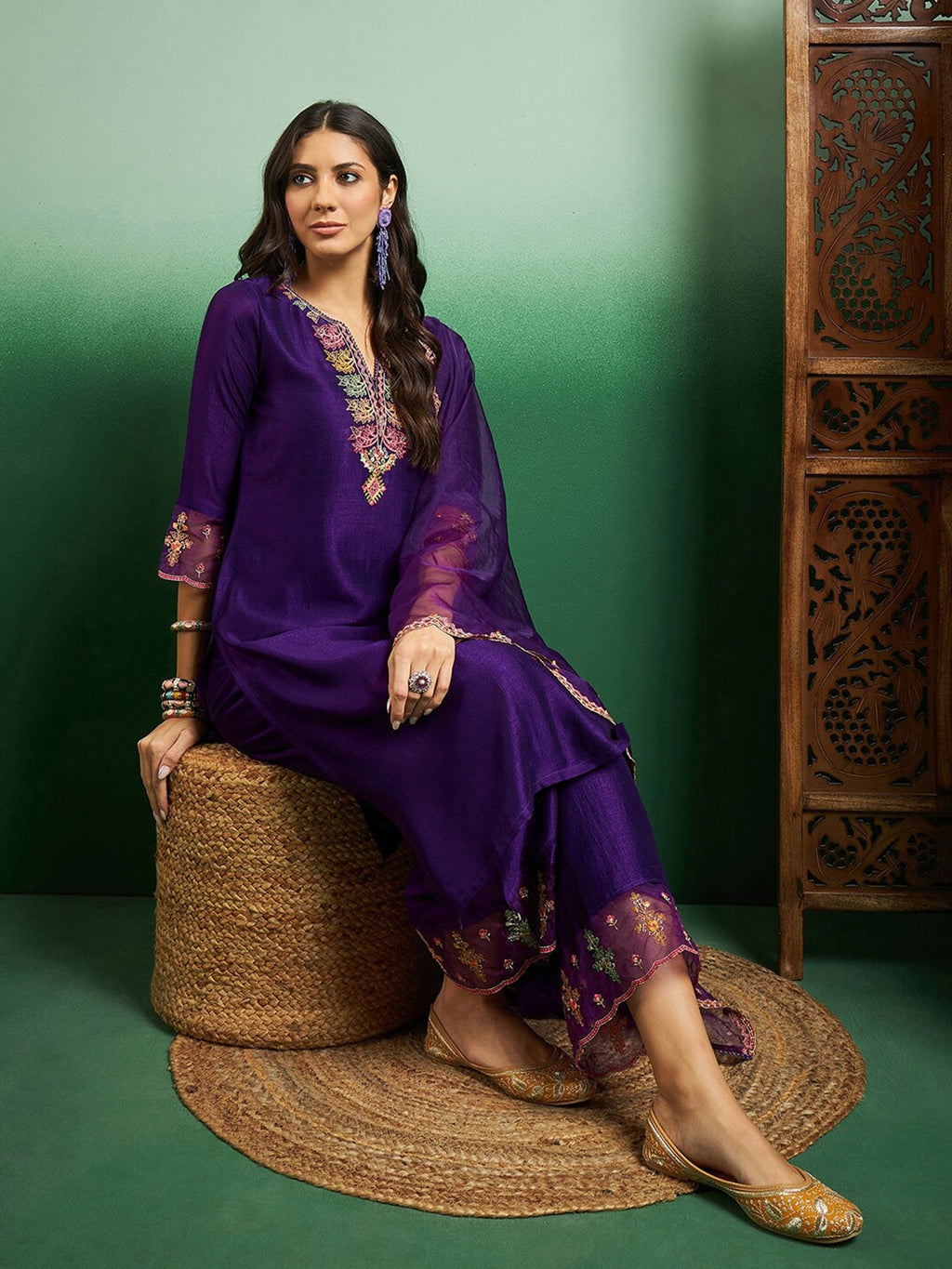 Teeya Creation Violet Color Chanderi Embroidery Work Fully Stitched Kurti Set