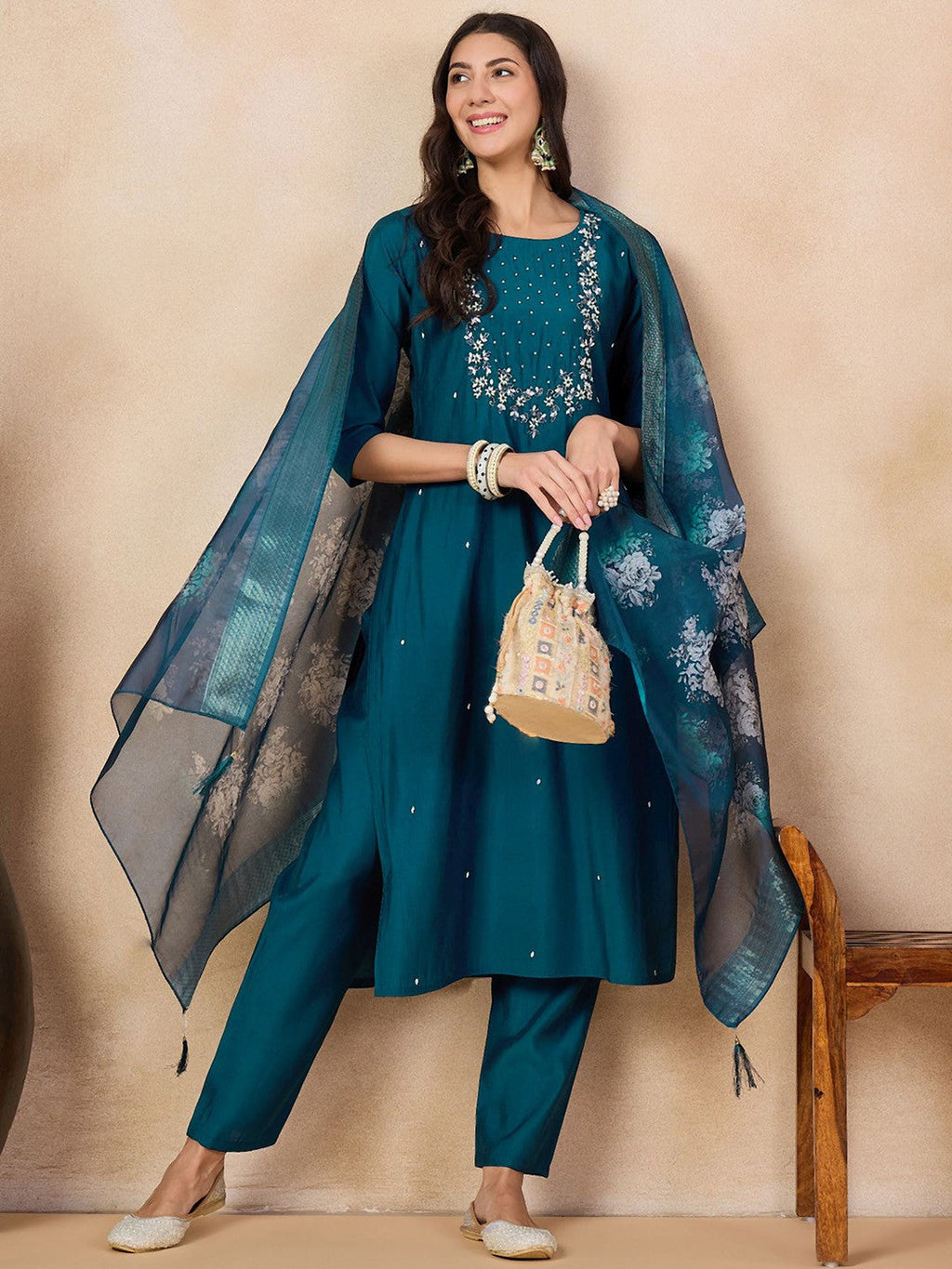 Teeya Creation More Peach Color Viscose Chanderi Embroidery Work Fully Stitched Kurti Set