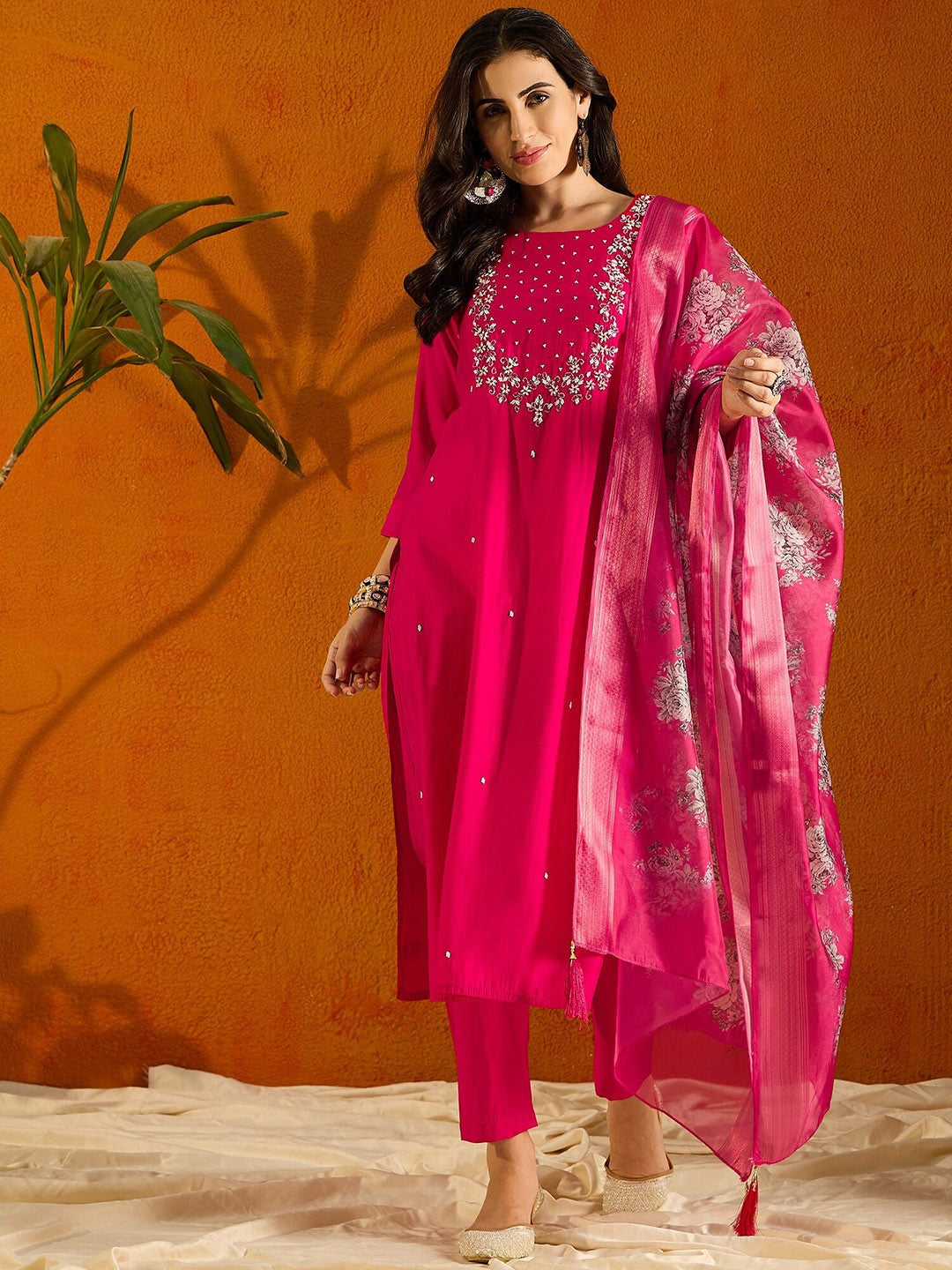 Teeya Creation Pink Color Viscose Chanderi Embroidery Work Fully Stitched Kurti Set