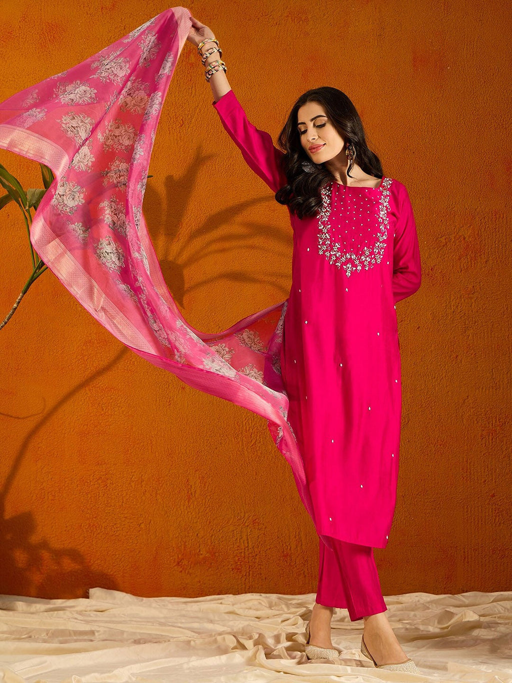 Teeya Creation Pink Color Viscose Chanderi Embroidery Work Fully Stitched Kurti Set
