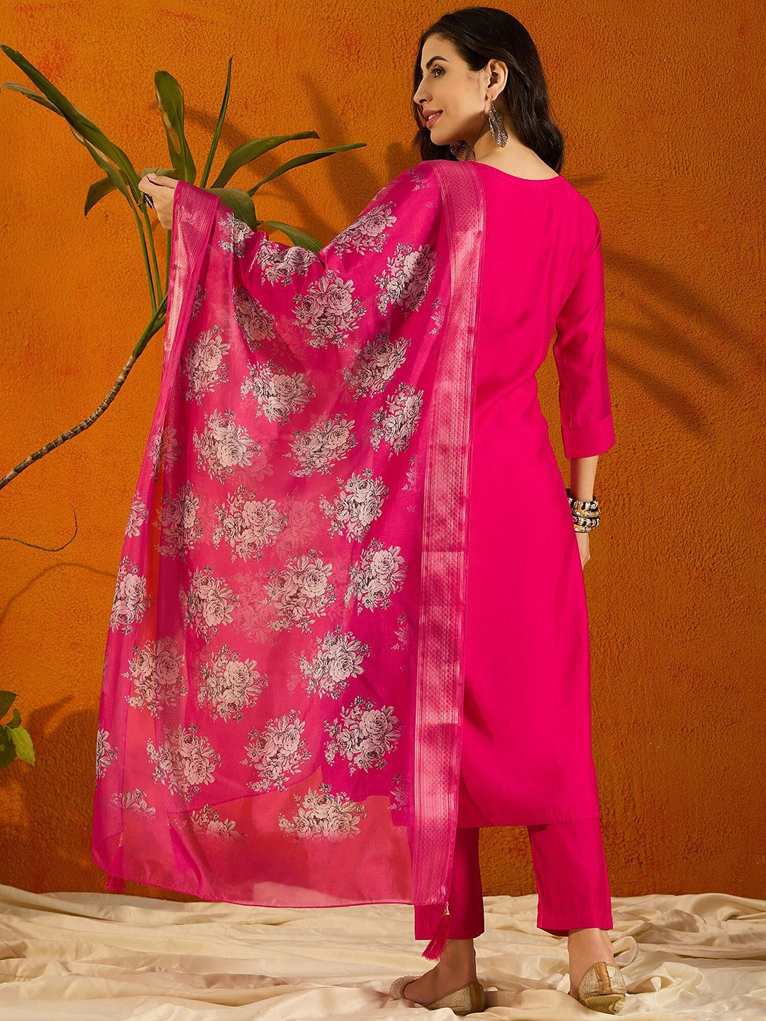 Teeya Creation Pink Color Viscose Chanderi Embroidery Work Fully Stitched Kurti Set