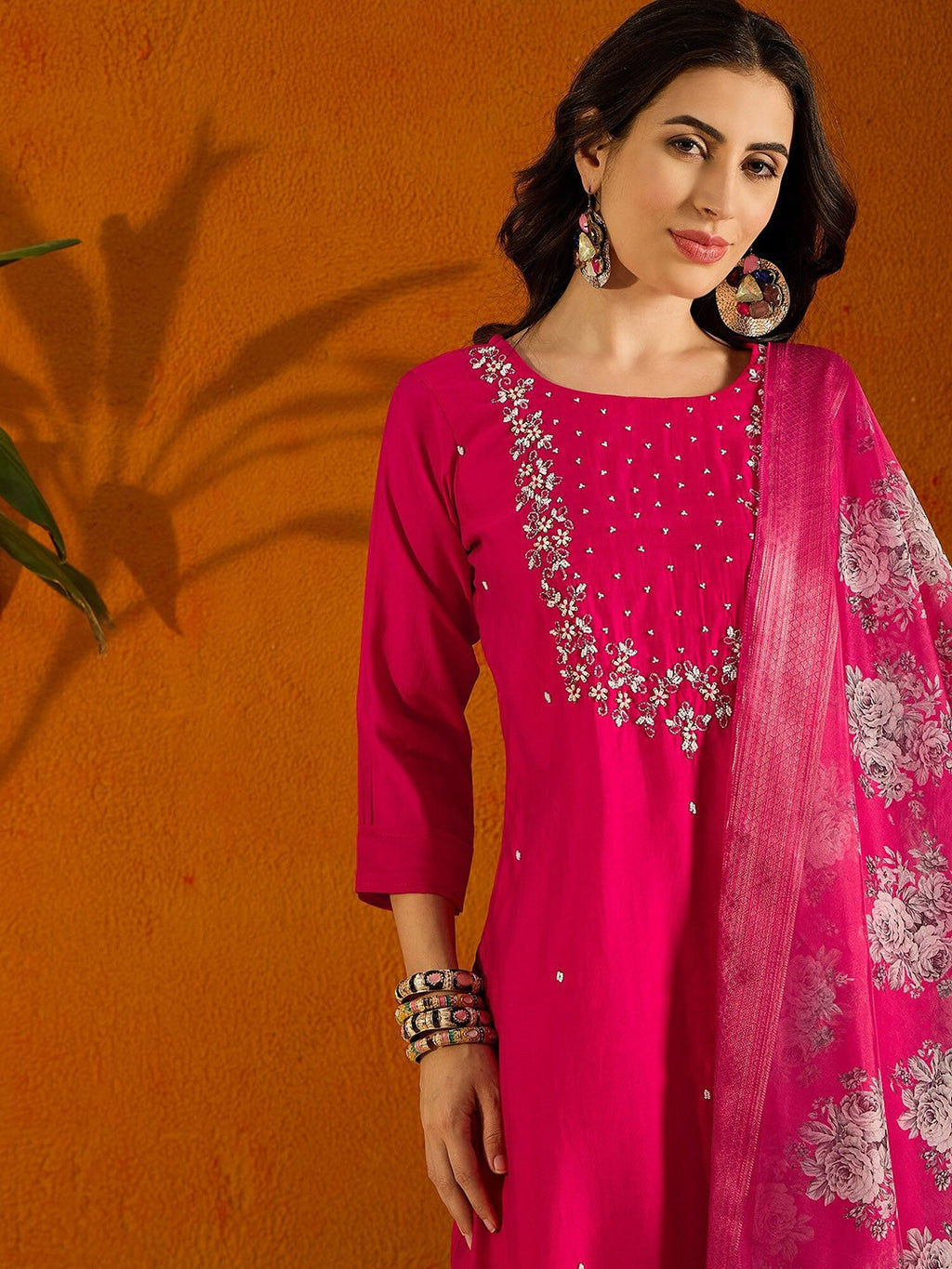 Teeya Creation Pink Color Viscose Chanderi Embroidery Work Fully Stitched Kurti Set