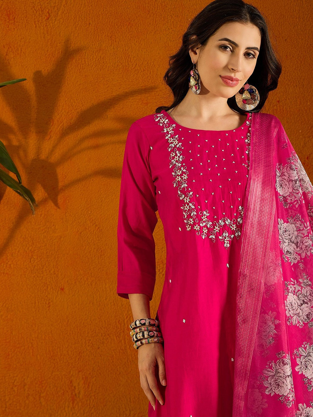 Teeya Creation Pink Color Viscose Chanderi Embroidery Work Fully Stitched Kurti Set