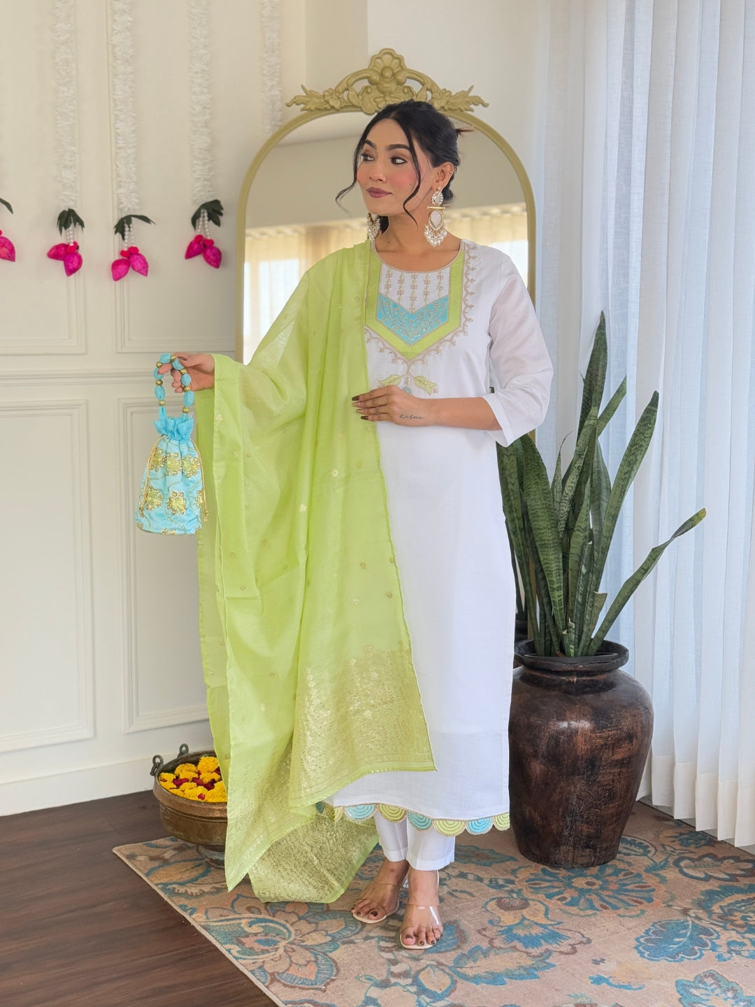 Teeya Creation White Color Viscose Chanderi Embroidery Work Fully Stitched Kurti Set