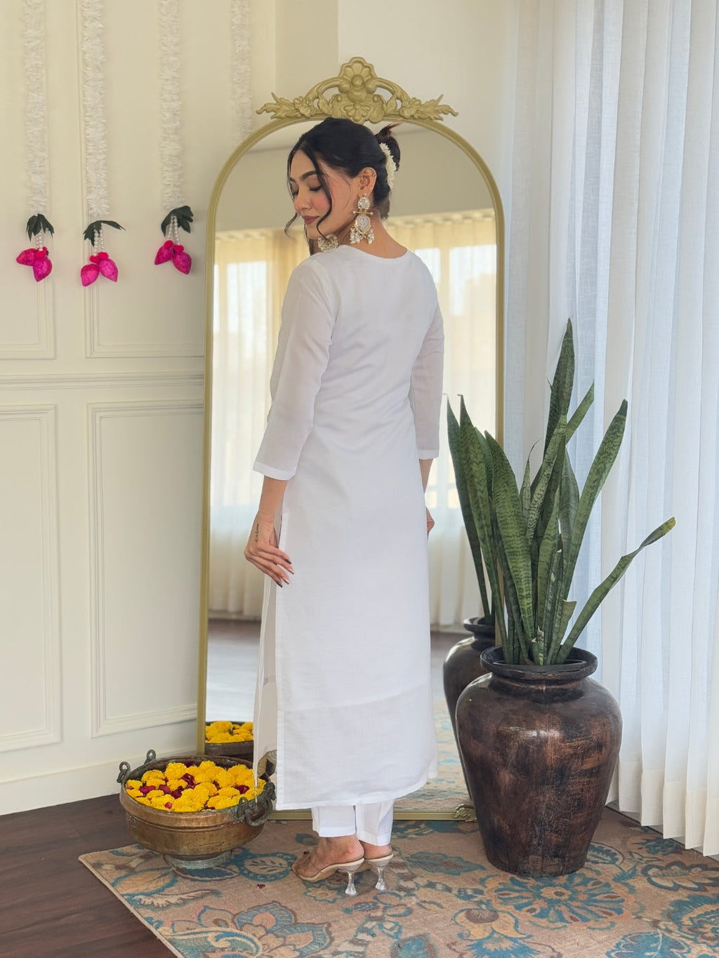 Teeya Creation White Color Viscose Chanderi Embroidery Work Fully Stitched Kurti Set