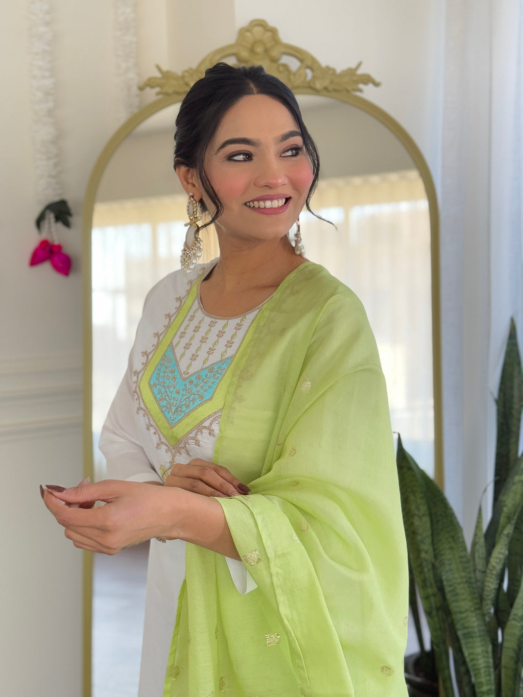 Teeya Creation White Color Viscose Chanderi Embroidery Work Fully Stitched Kurti Set