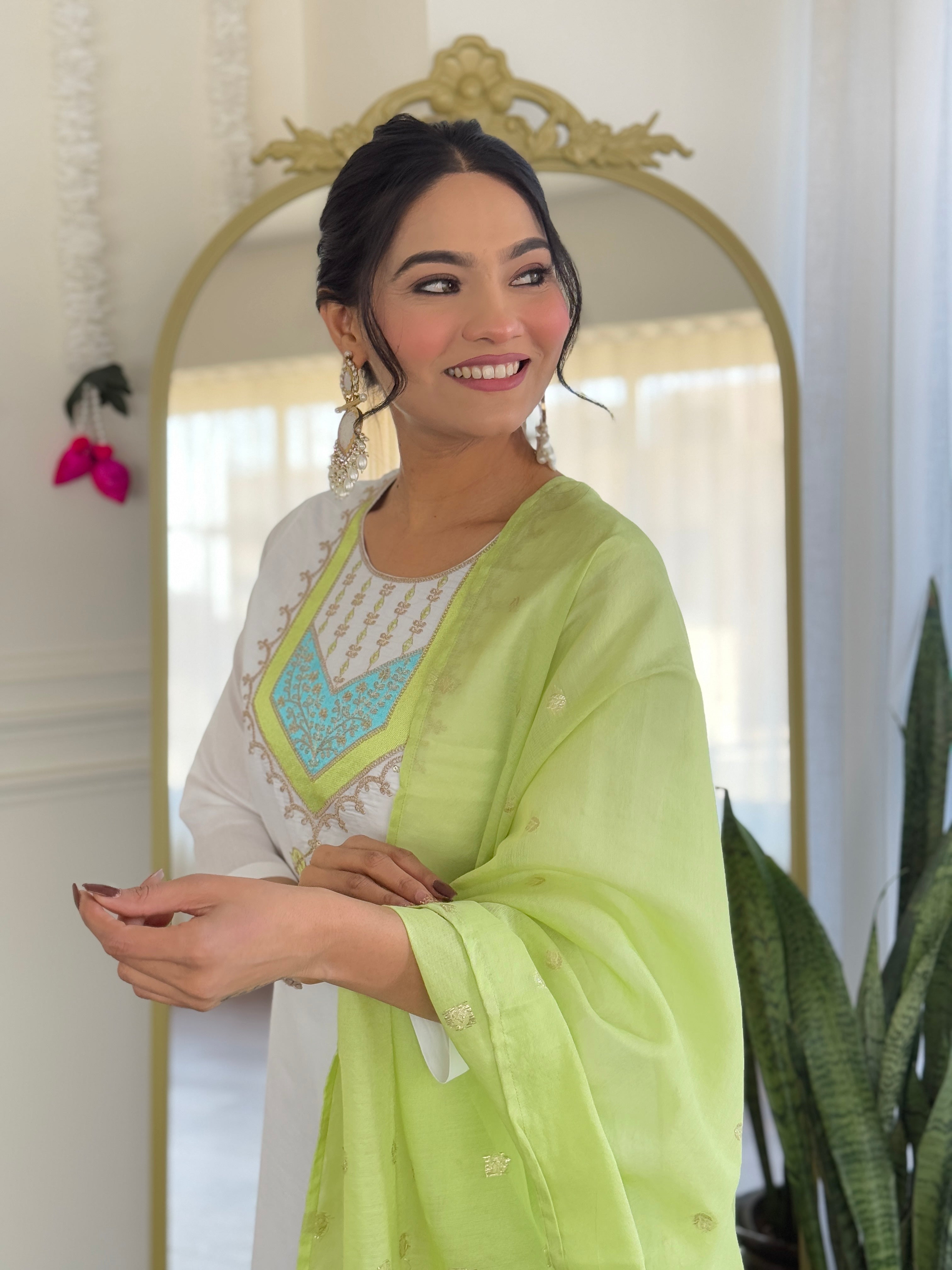 Teeya Creation White Color Viscose Chanderi Embroidery Work Fully Stitched Kurti Set