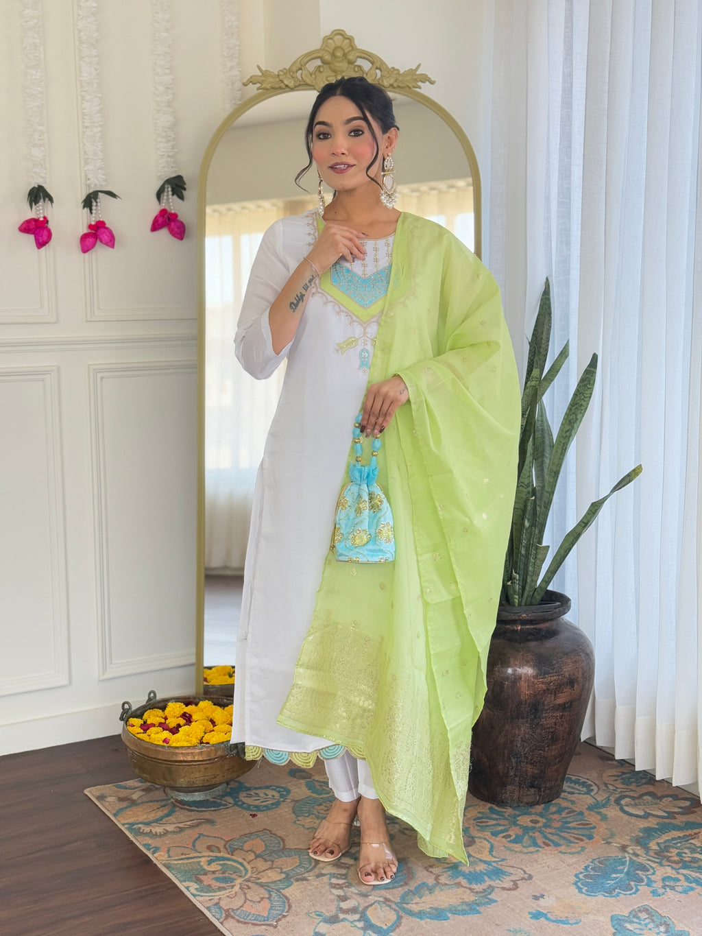 Teeya Creation White Color Viscose Chanderi Embroidery Work Fully Stitched Kurti Set