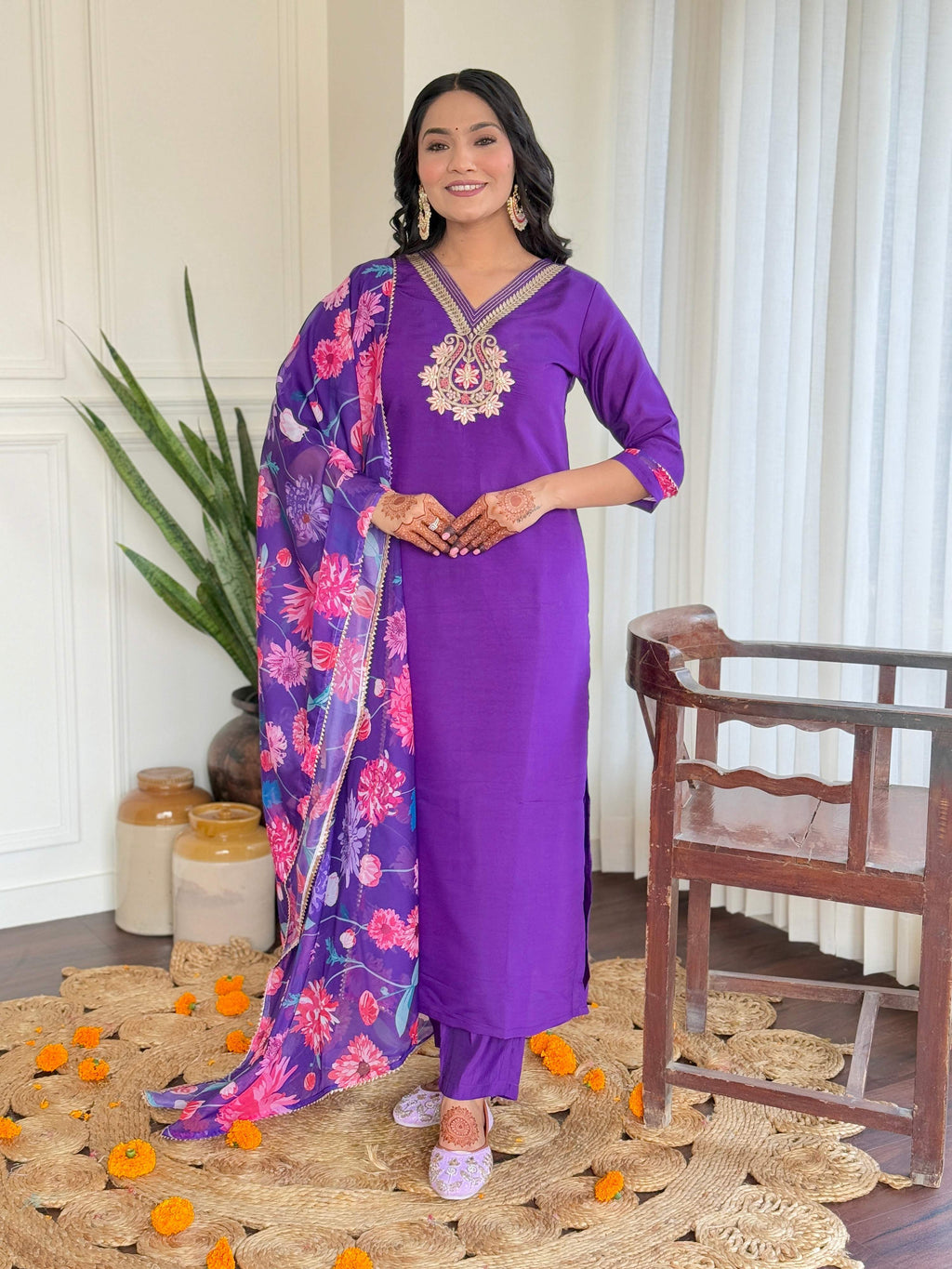 Teeya Creation Purple Color Viscose Chanderi Embroidery Work Fully Stitched Kurti Set