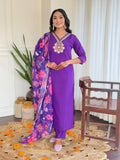 Teeya Creation Purple Color Viscose Chanderi Embroidery Work Fully Stitched Kurti Set
