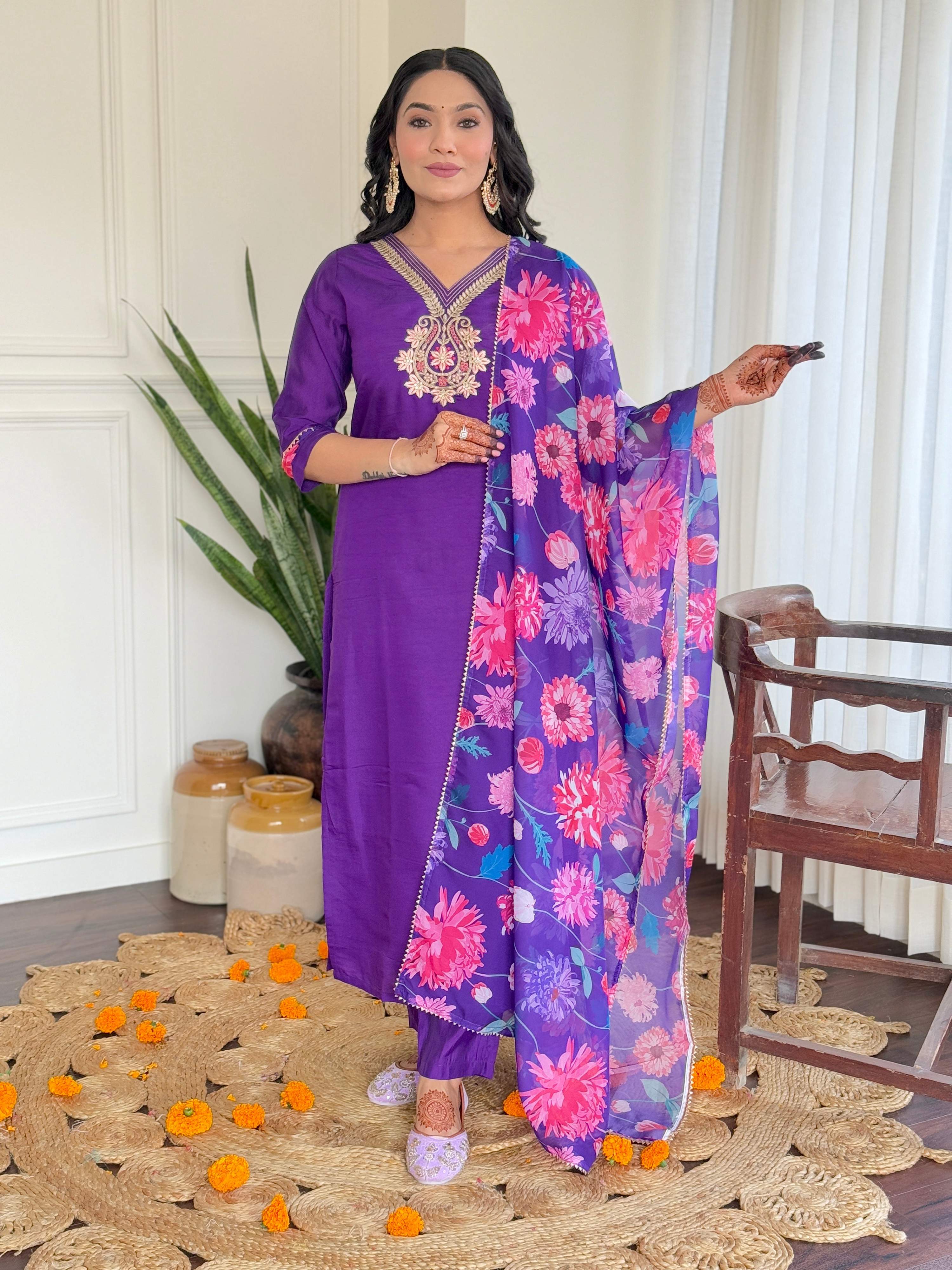Teeya Creation Purple Color Viscose Chanderi Embroidery Work Fully Stitched Kurti Set