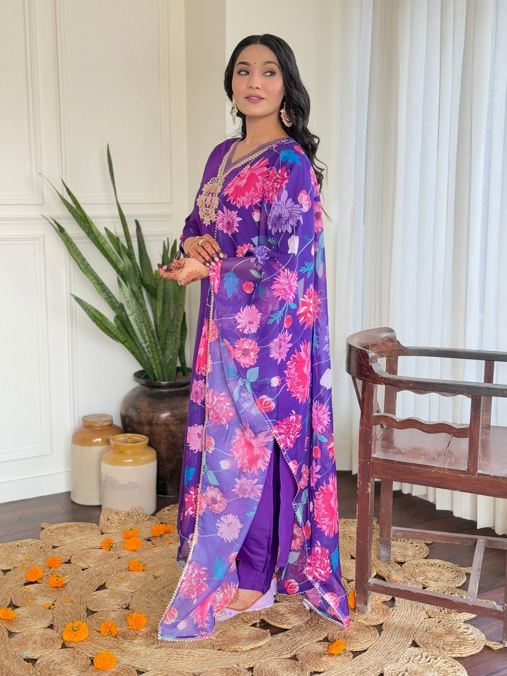 Teeya Creation Purple Color Viscose Chanderi Embroidery Work Fully Stitched Kurti Set