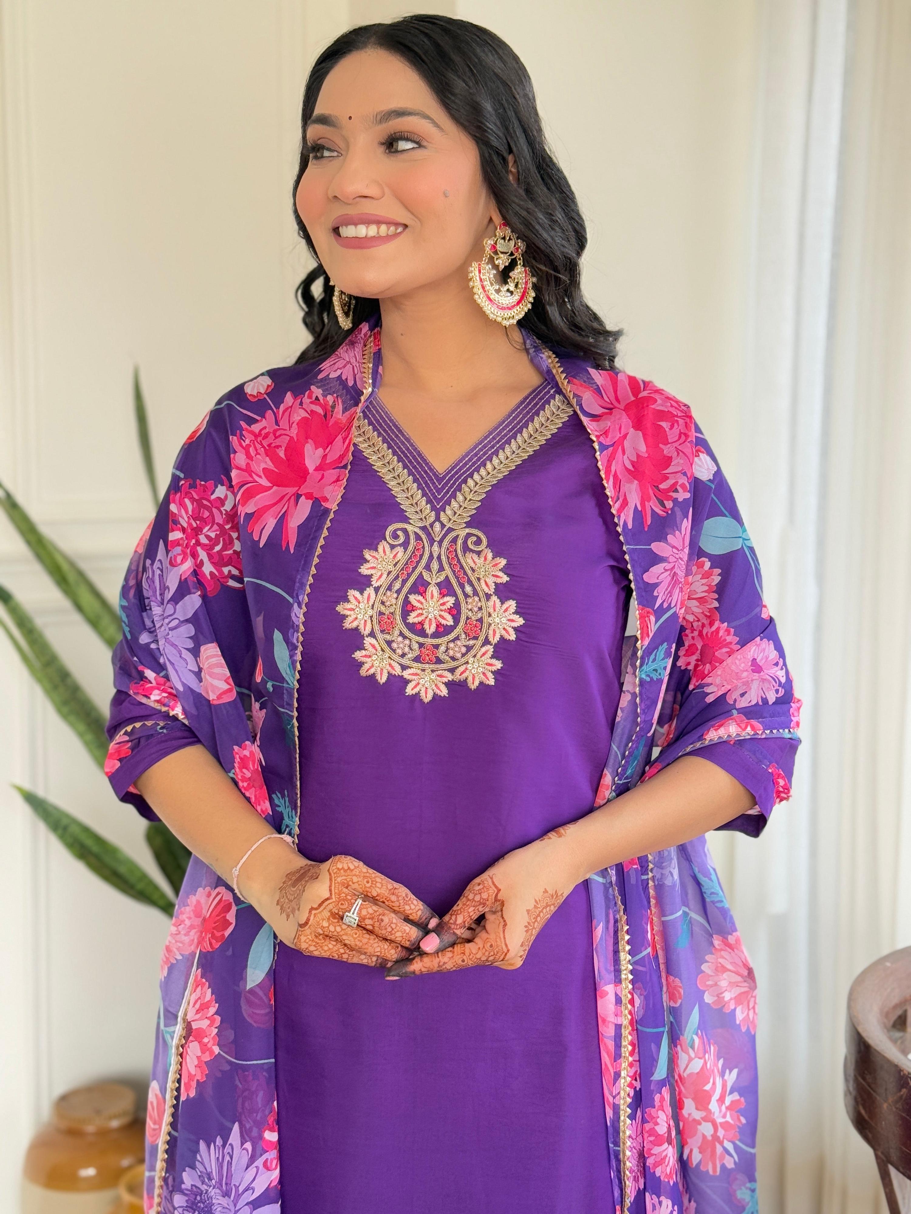 Teeya Creation Purple Color Viscose Chanderi Embroidery Work Fully Stitched Kurti Set
