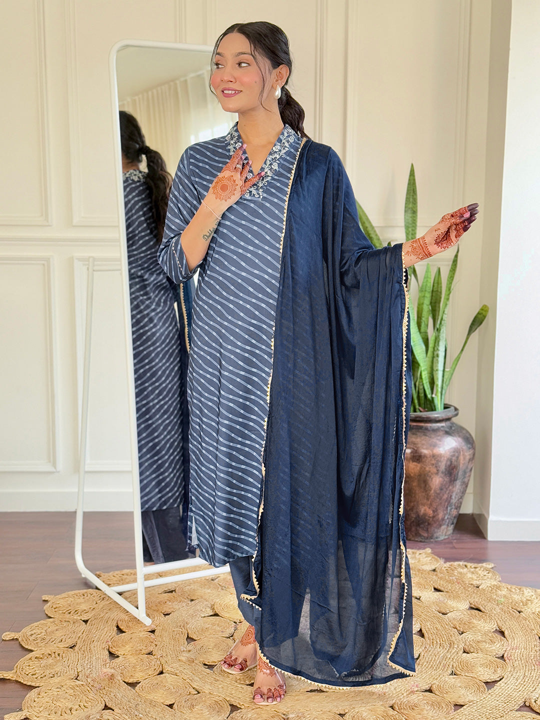 Teeya Creation Grey Color MUSLIN Embroidery Work Fully Stitched Kurti Set