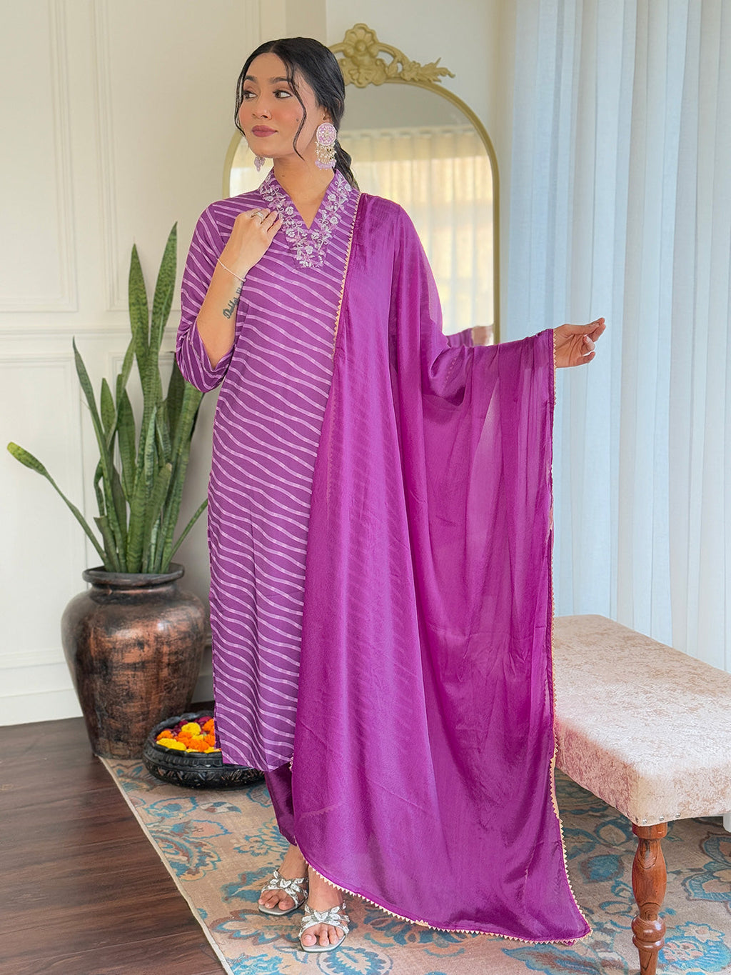 Teeya Creation Purple Color MUSLIN Embroidery Work Fully Stitched Kurti Set