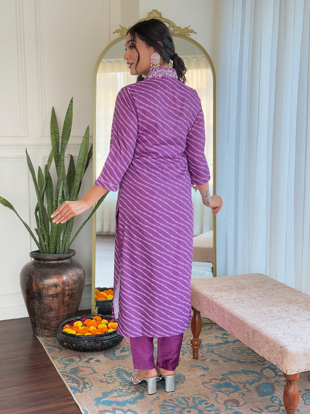 Teeya Creation Purple Color MUSLIN Embroidery Work Fully Stitched Kurti Set
