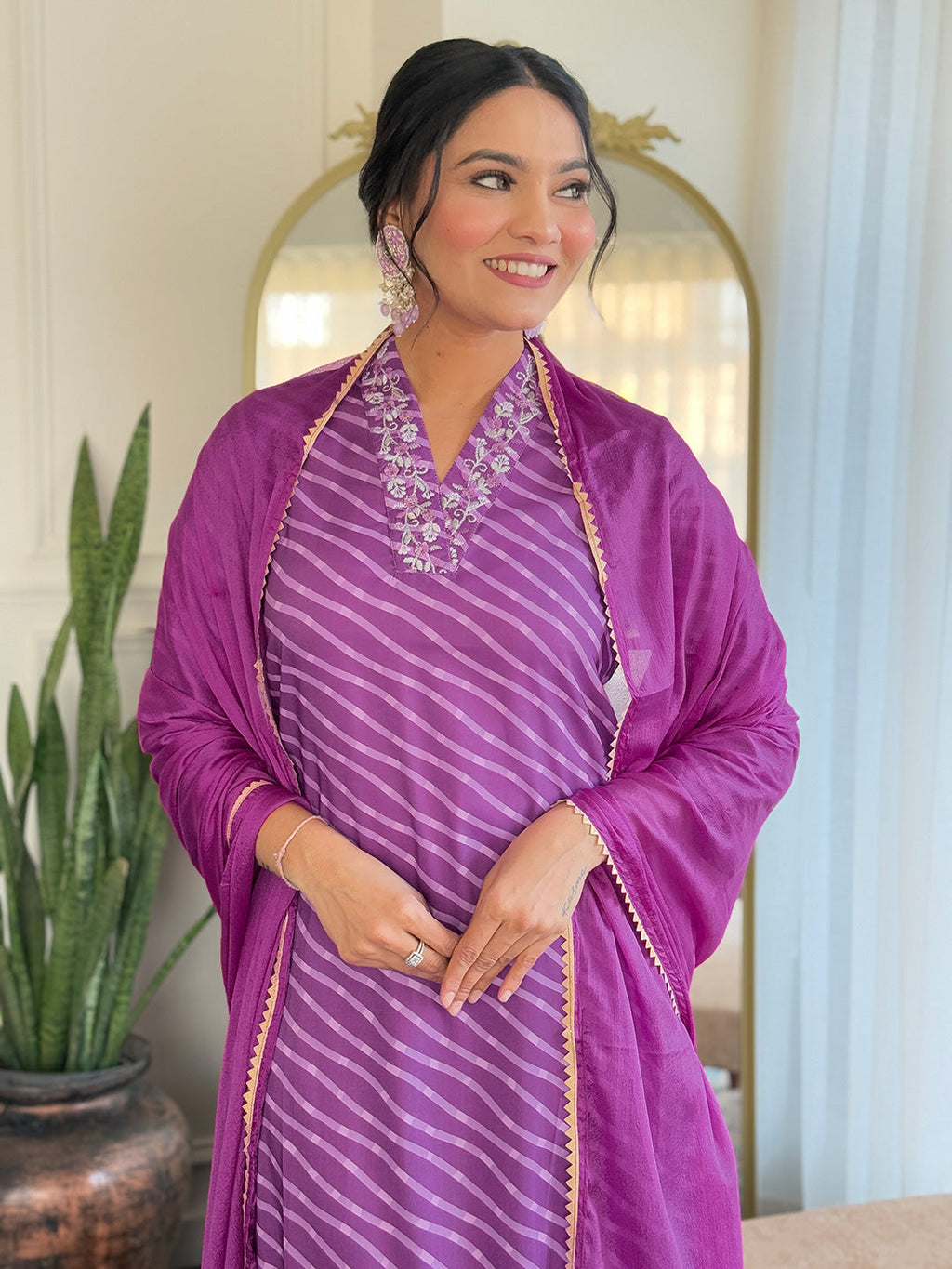 Teeya Creation Purple Color MUSLIN Embroidery Work Fully Stitched Kurti Set