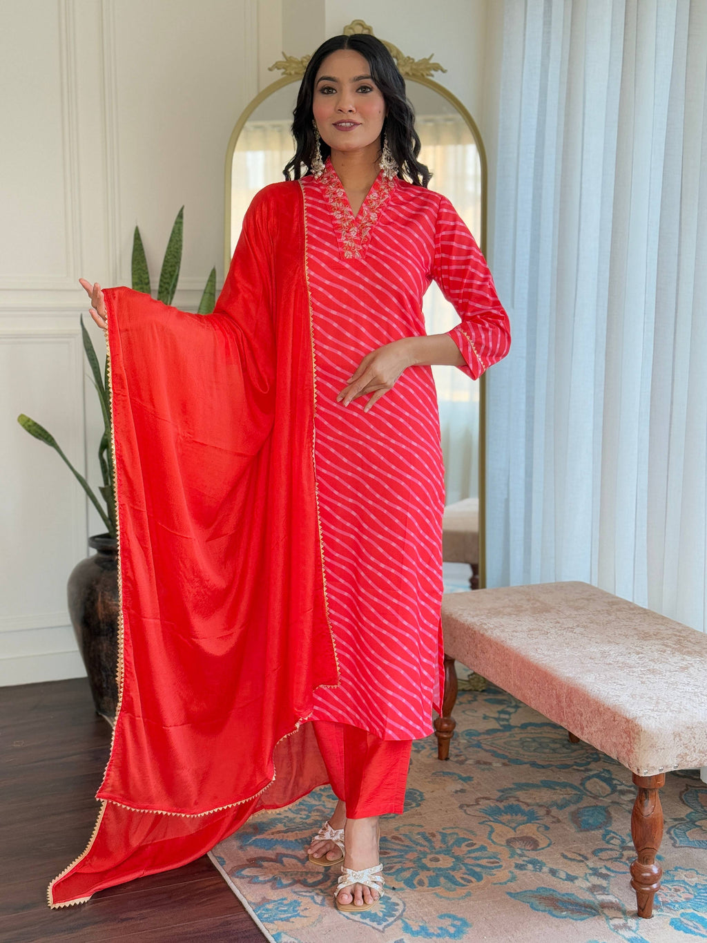 Teeya Creation Red Color MUSLIN Embroidery Work Fully Stitched Kurti Set