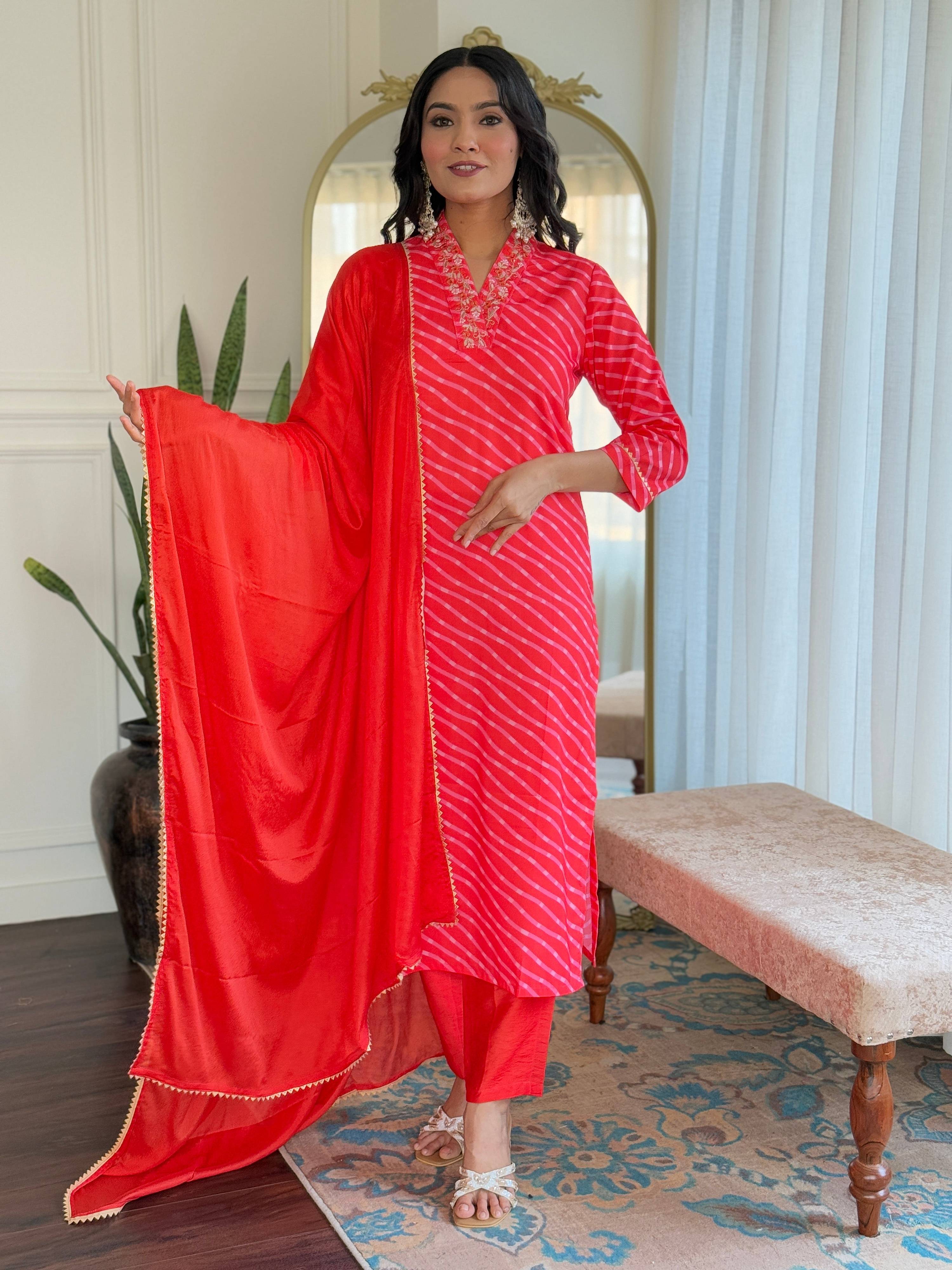 Teeya Creation Red Color MUSLIN Embroidery Work Fully Stitched Kurti Set