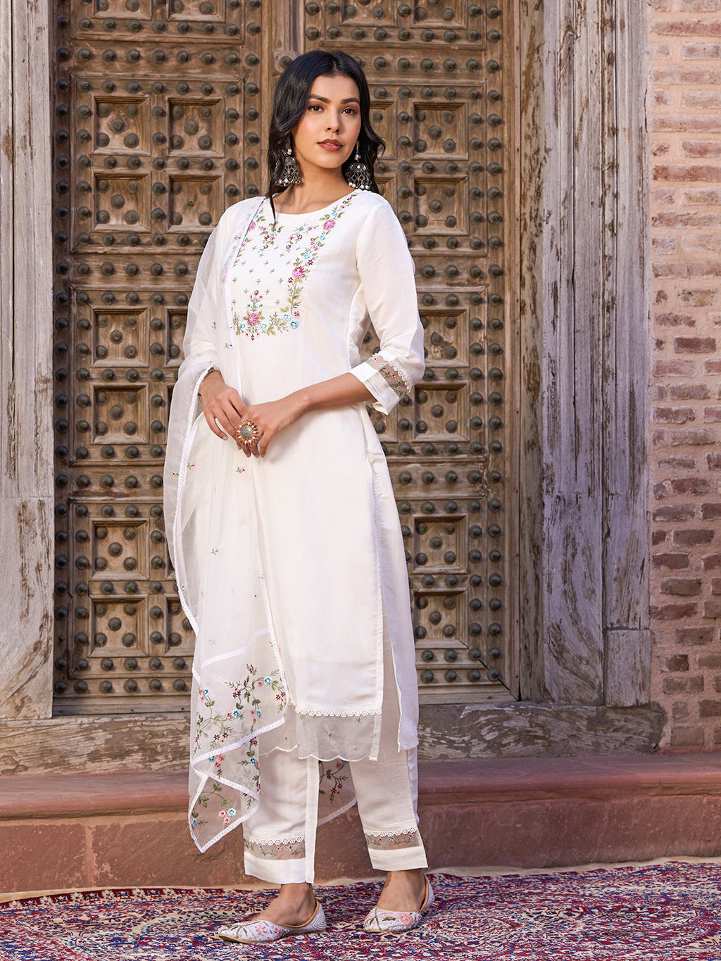 Teeya Creation White Color Viscose Chanderi Embroidery Work Fully Stitched Kurti Set