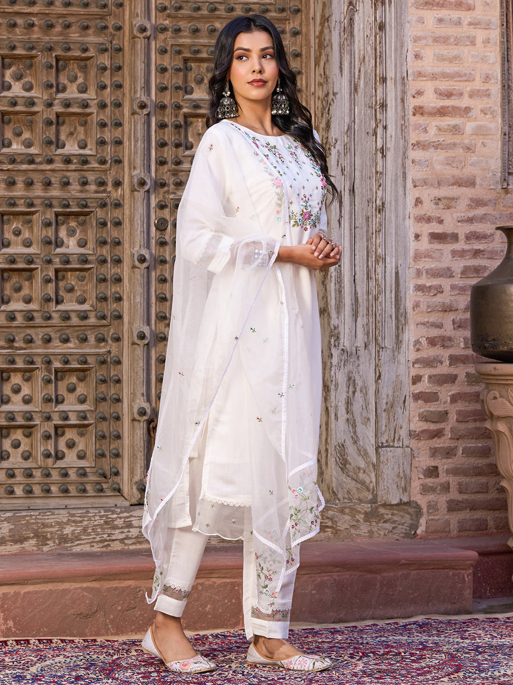 Teeya Creation White Color Viscose Chanderi Embroidery Work Fully Stitched Kurti Set
