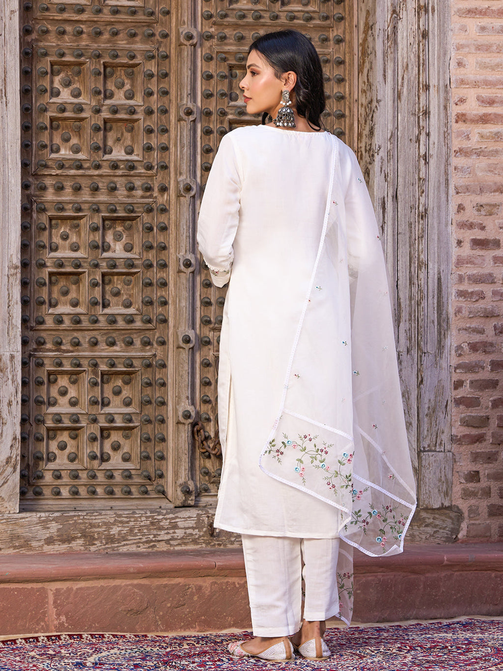 Teeya Creation White Color Viscose Chanderi Embroidery Work Fully Stitched Kurti Set