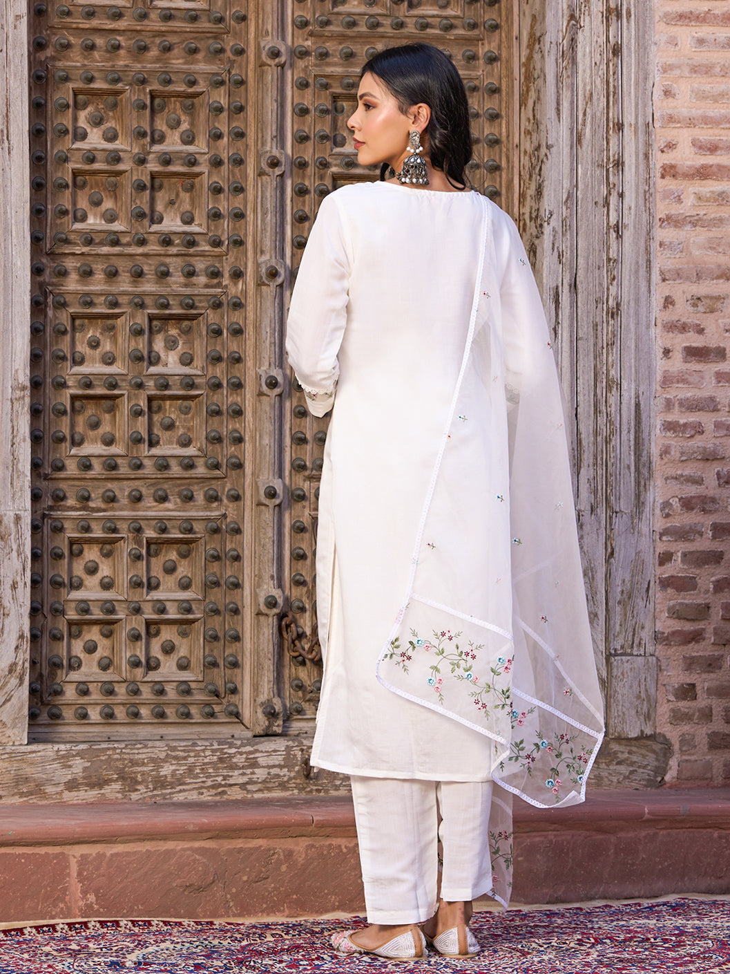Teeya Creation White Color Viscose Chanderi Embroidery Work Fully Stitched Kurti Set