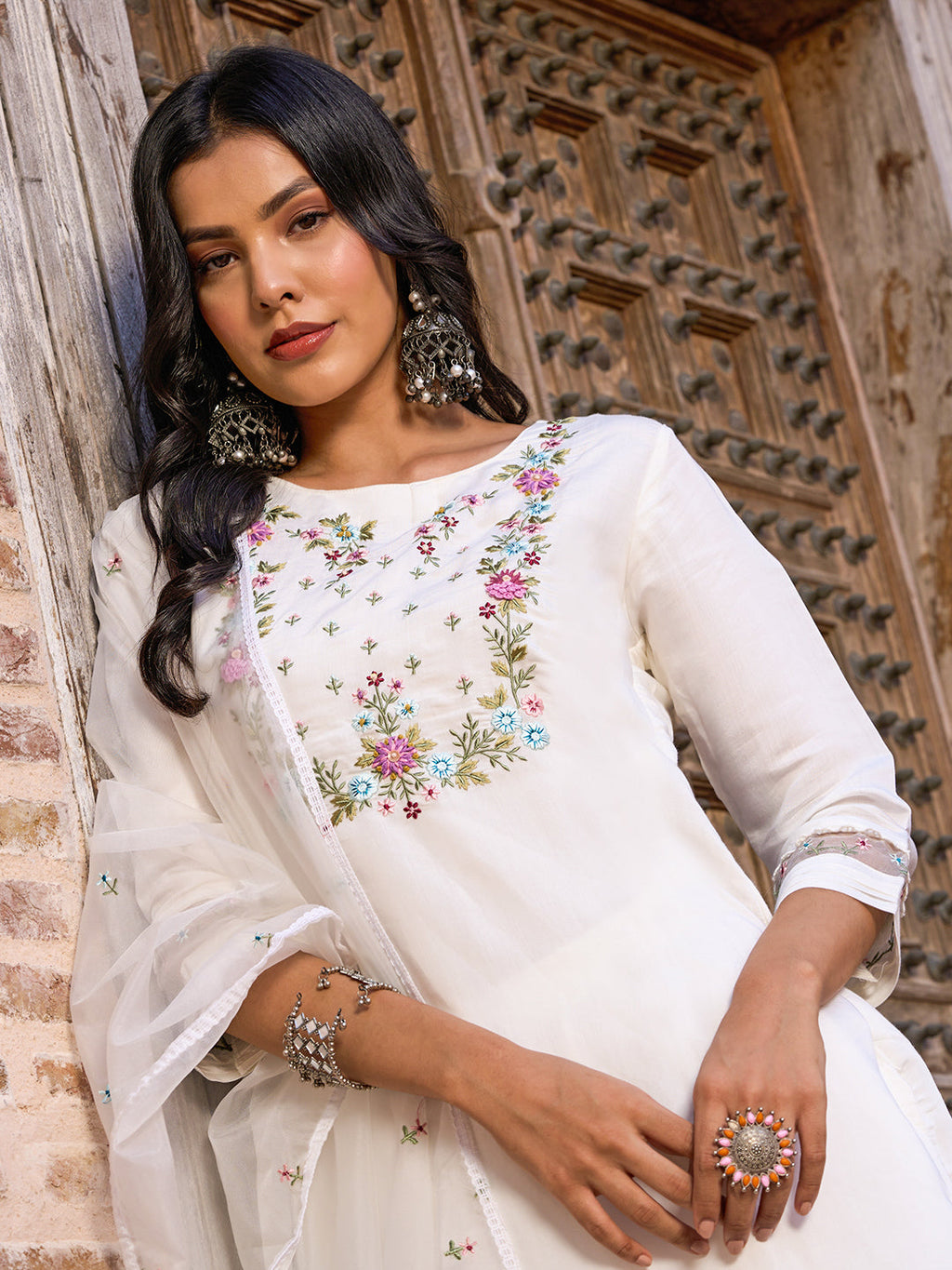 Teeya Creation White Color Viscose Chanderi Embroidery Work Fully Stitched Kurti Set
