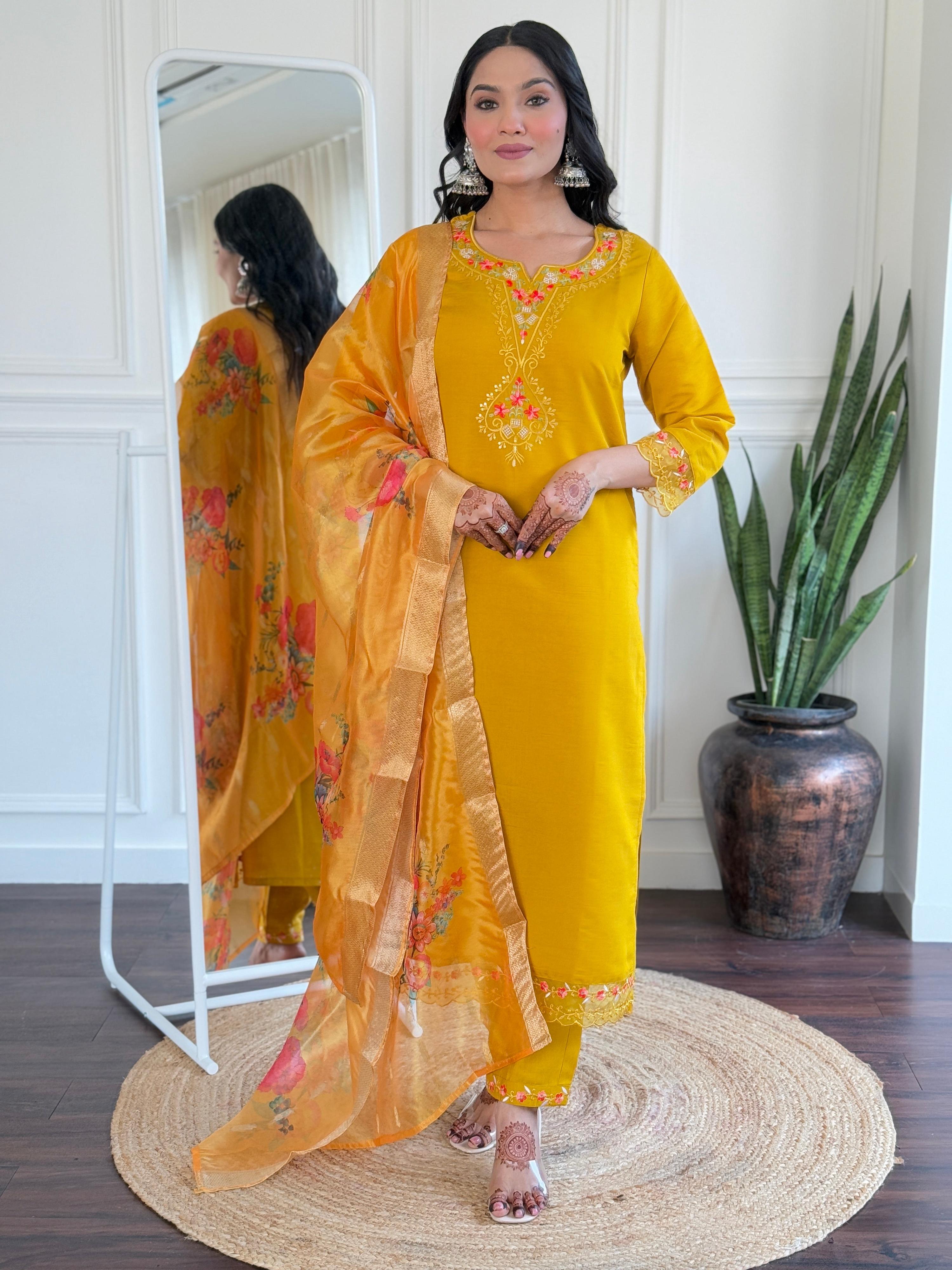 Teeya Creation Yellow Color Viscose Chanderi Embroidery Work Fully Stitched Kurti Set