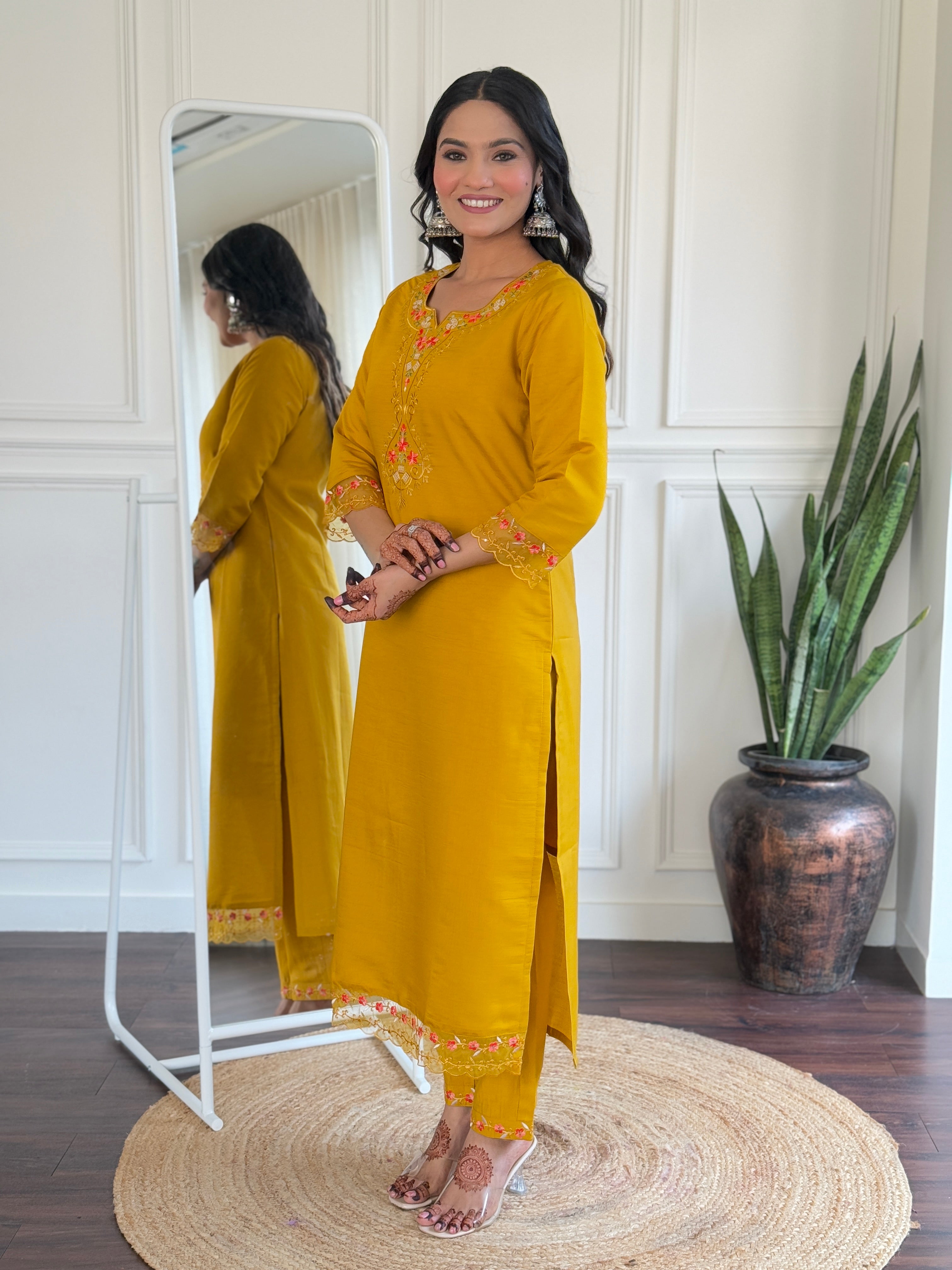 Teeya Creation Yellow Color Viscose Chanderi Embroidery Work Fully Stitched Kurti Set