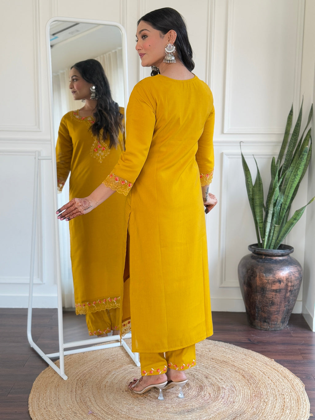 Teeya Creation Yellow Color Viscose Chanderi Embroidery Work Fully Stitched Kurti Set
