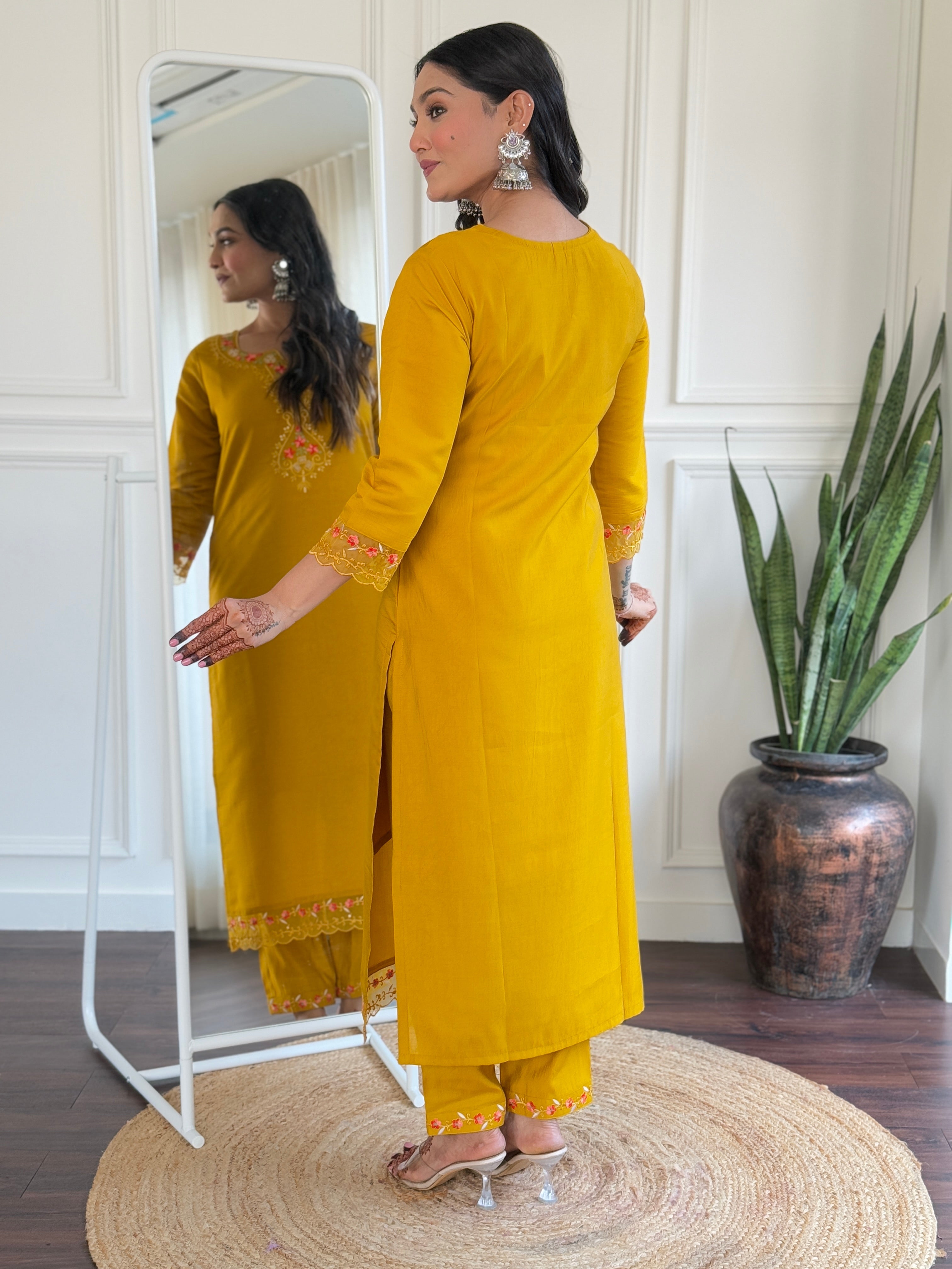 Teeya Creation Yellow Color Viscose Chanderi Embroidery Work Fully Stitched Kurti Set