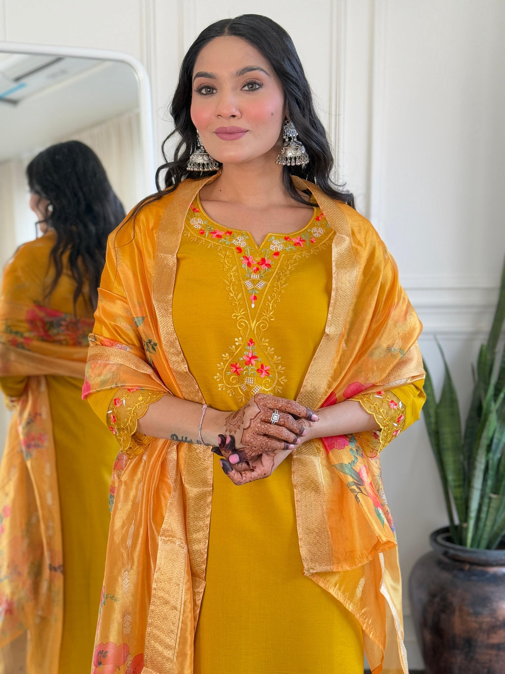Teeya Creation Yellow Color Viscose Chanderi Embroidery Work Fully Stitched Kurti Set