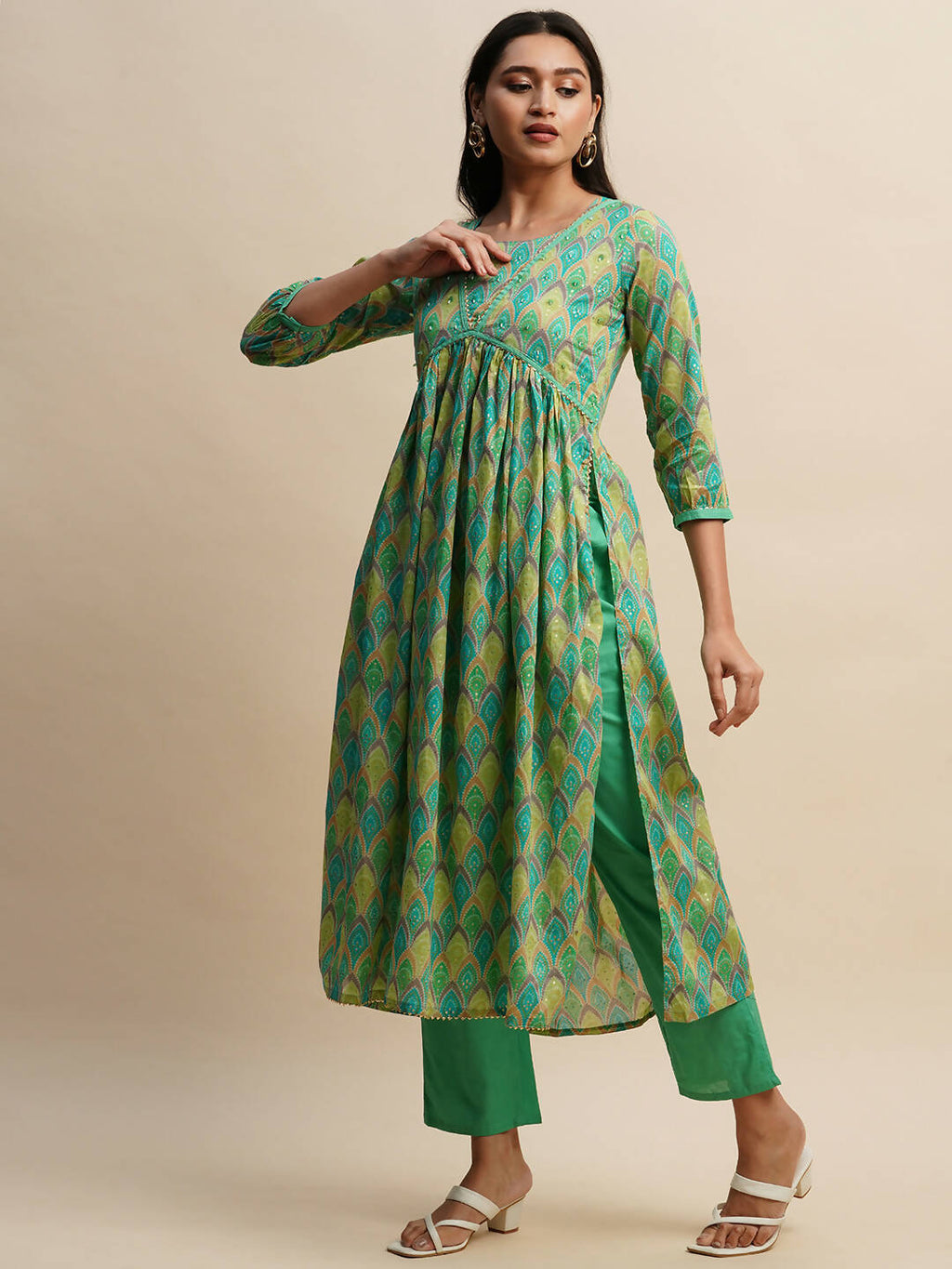 Sea Green Pure Cotton Bandhani Printed Naira Cut Kurta And Bottom With Dupatta - Akashara