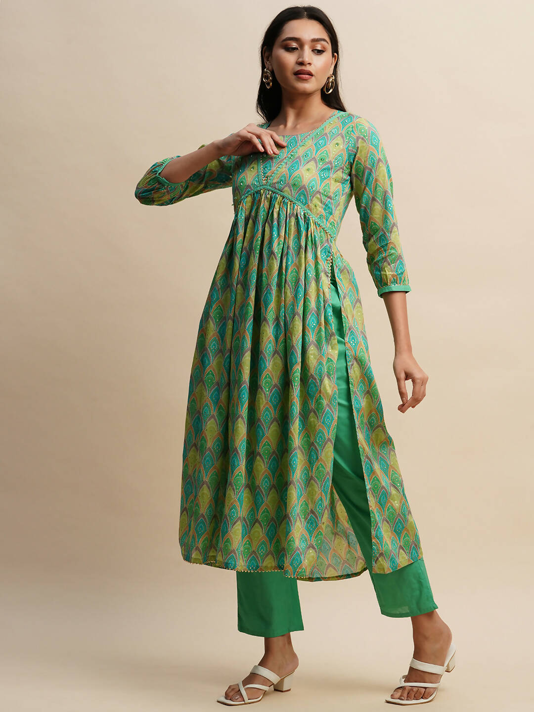 Sea Green Pure Cotton Bandhani Printed Naira Cut Kurta And Bottom With Dupatta - Akashara