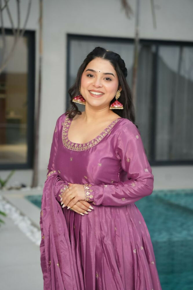 Vastranavya Lavender Chinnon with Embroidery Zari Sequins Work Gown