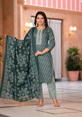 Juniper Women's Green Floral Printed Cotton Kurta Set With Thread & Mirror Work