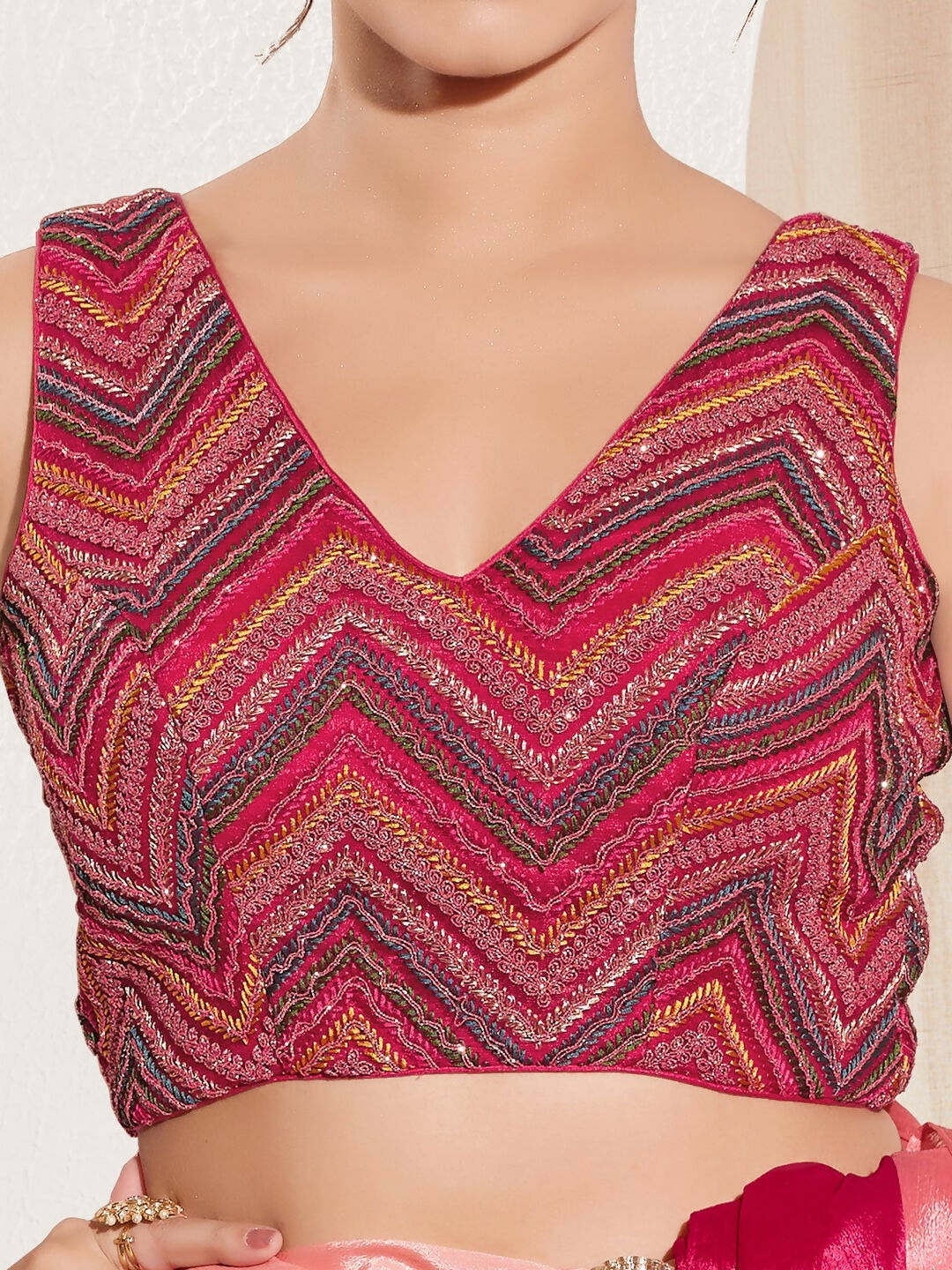 Joban Fashion Magenta Net Padded Blouse With V Neck Sleeveless