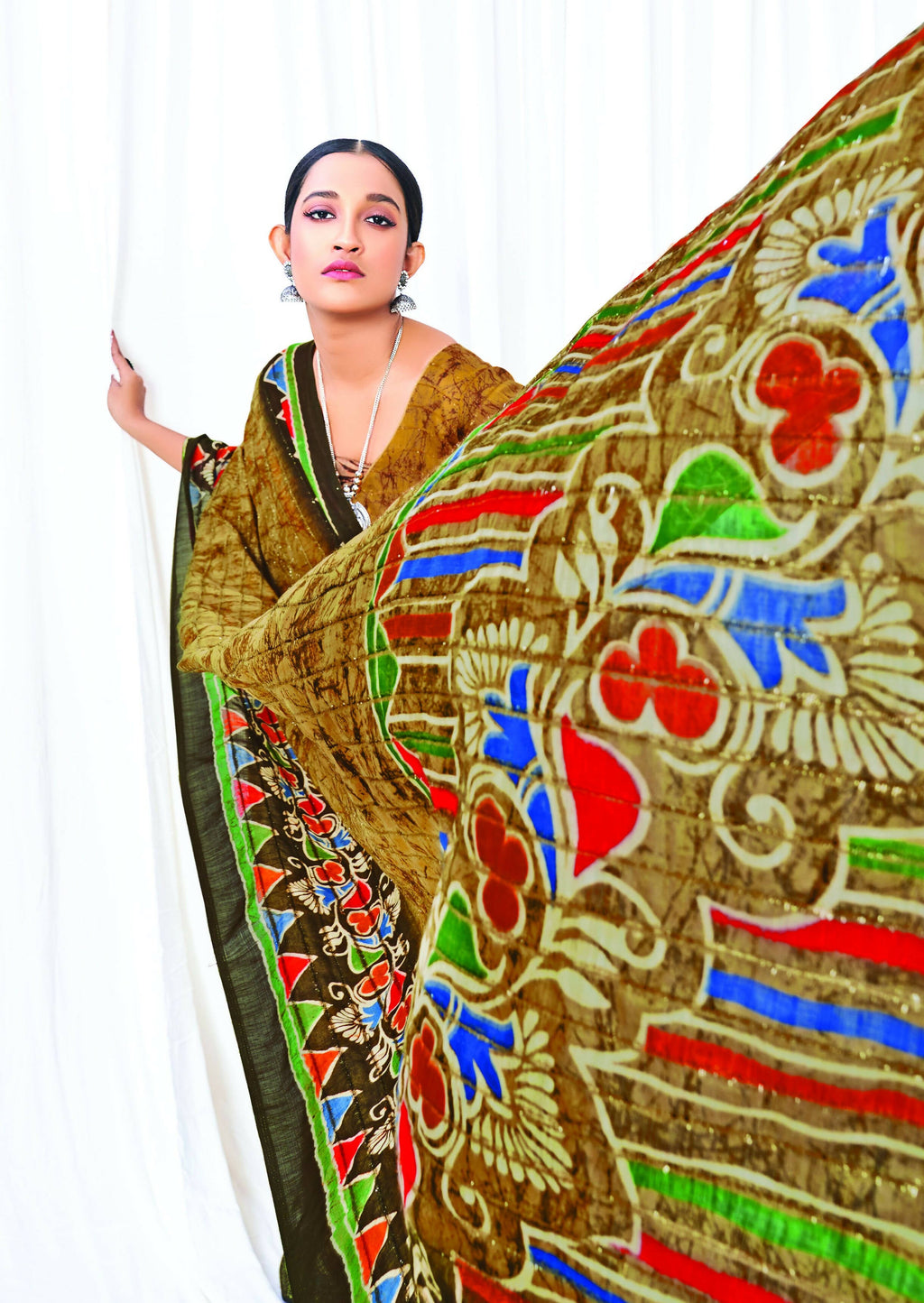 Beige Chanderi Cotton Floral Printed Saree With Unstitched Blouse Piece - Kathika