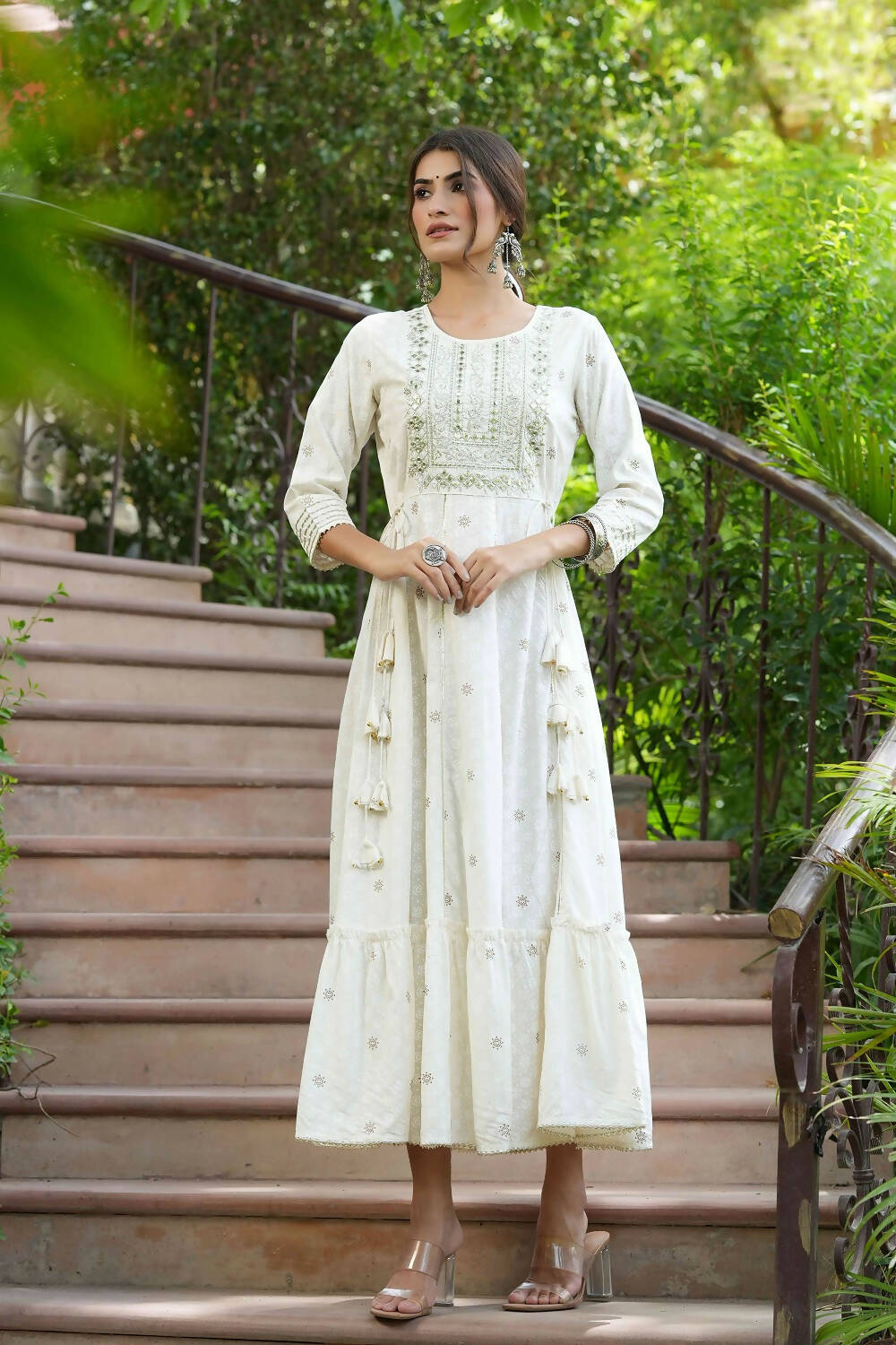 Juniper Off-White Rayon Festive Wear Embroidered A-Line Long Dress