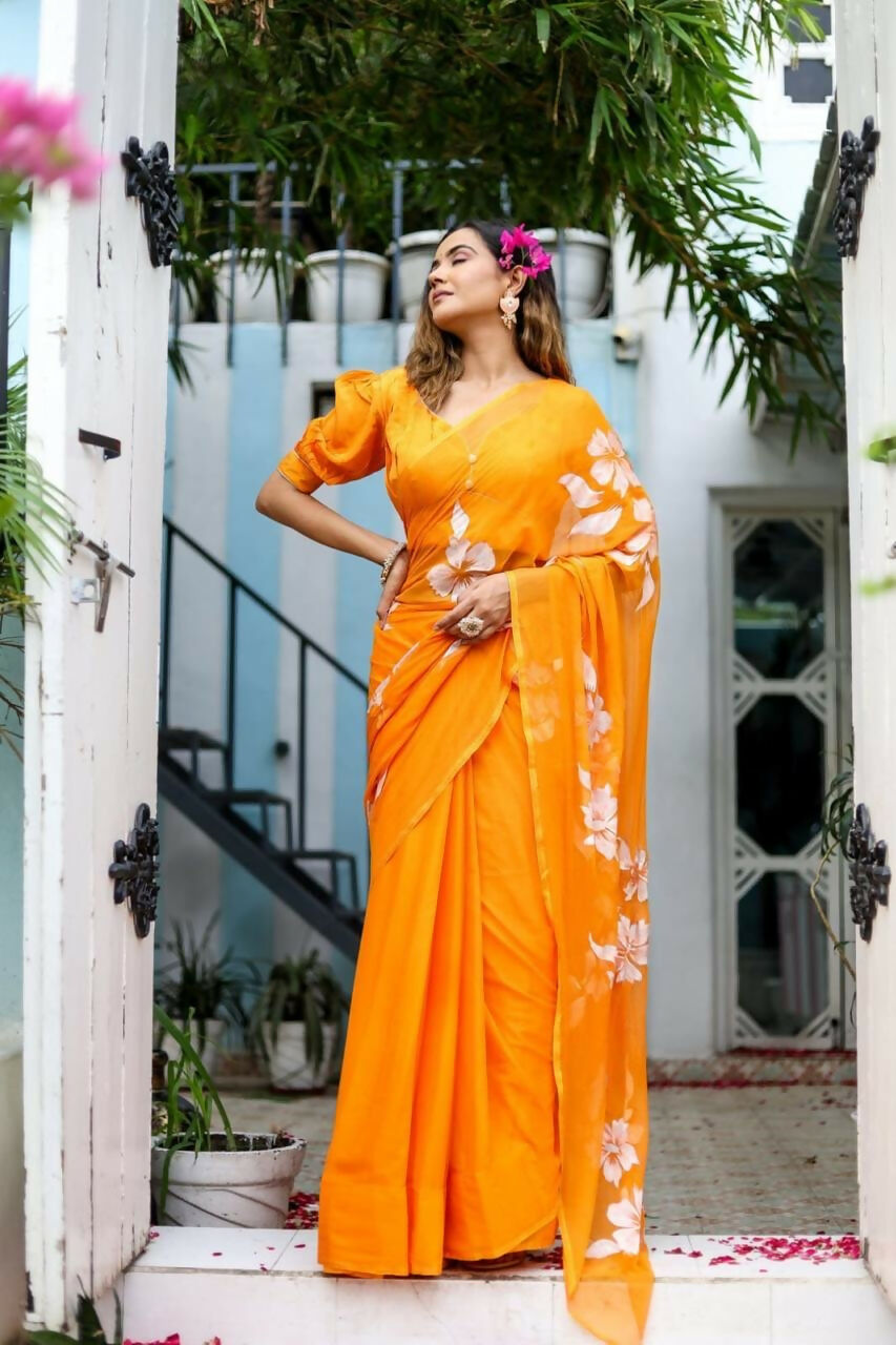 Exclusive Collection Beautiful Orange Pure Cotton Hand Print Handloom Saree With Running Blouse Piece