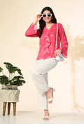 Myshka Women's Printed Georgette Embellished Long Sleeves Casual Tops In Pink Color