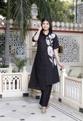 Miravan Women's Black Pure Cotton Floral Embroidered High Low Co-Ord Set