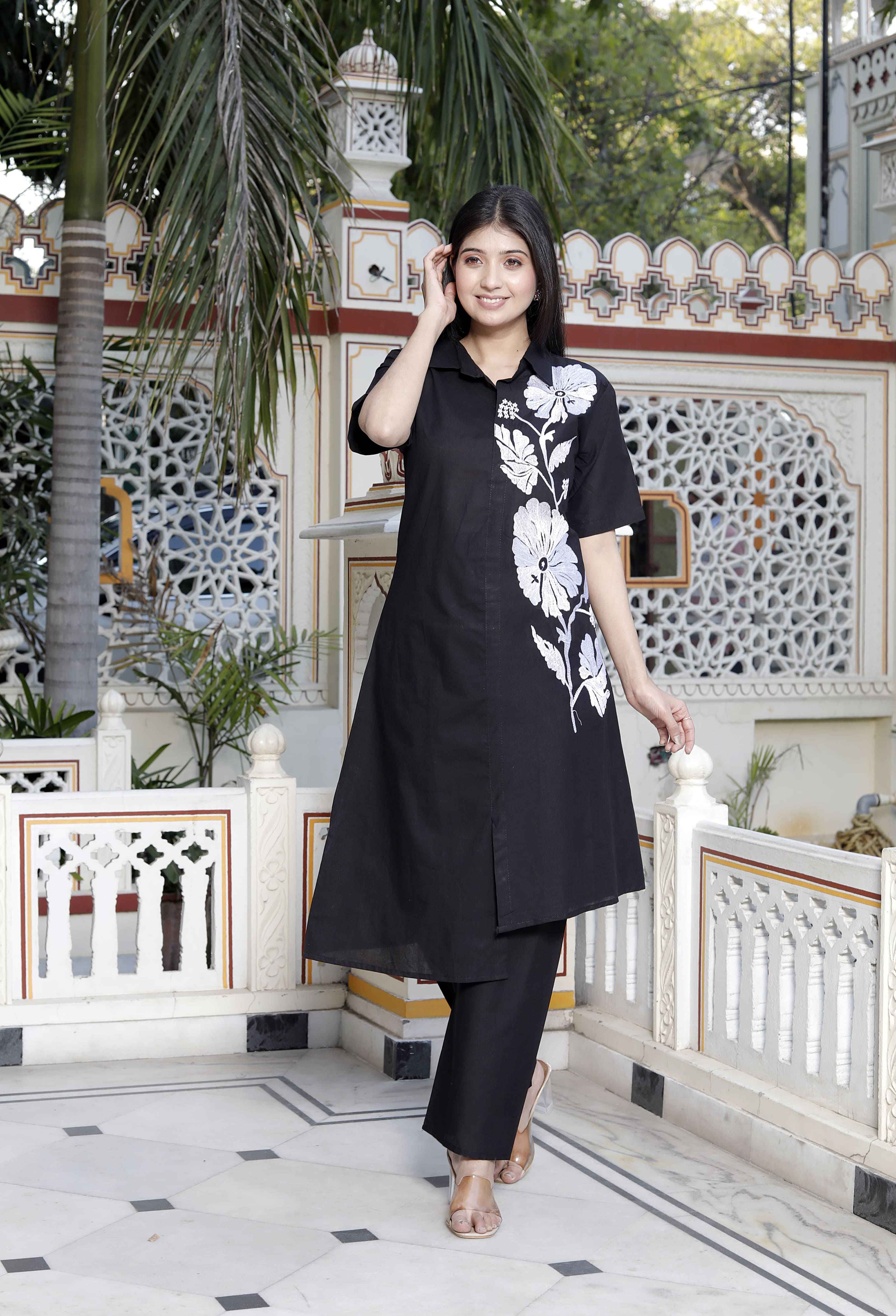 Miravan Women's Black Pure Cotton Floral Embroidered High Low Co-Ord Set