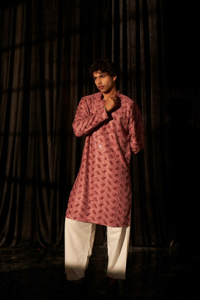 Pink viscose Chikankari Embroidery Work Men's Traditional Kurta Set - Mahotsav