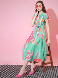 Myshka Women's Green Floral Printed Empire Dress