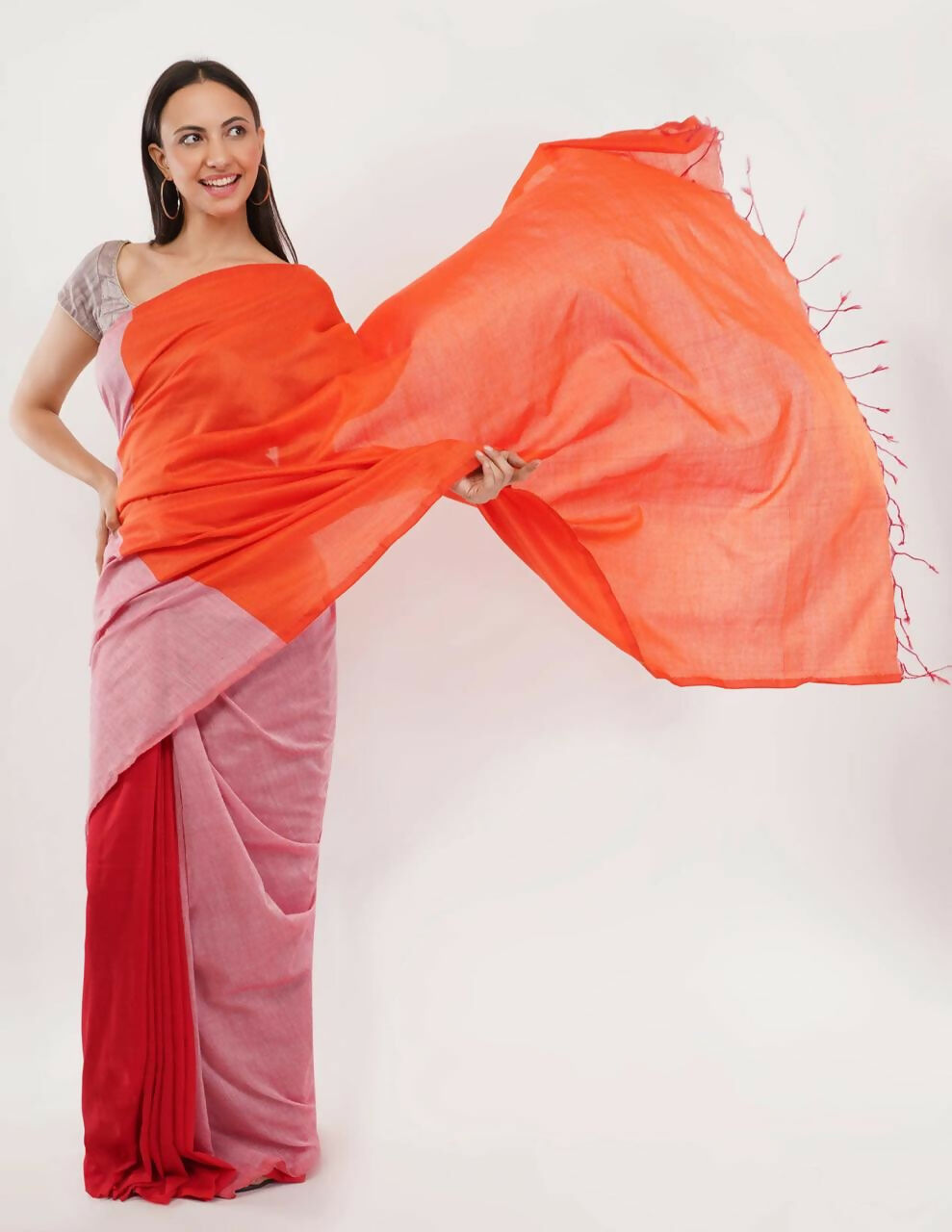 Exclusive Collection Beautiful Khadi Cotton Orange Light Pink Red Handloom Saree
