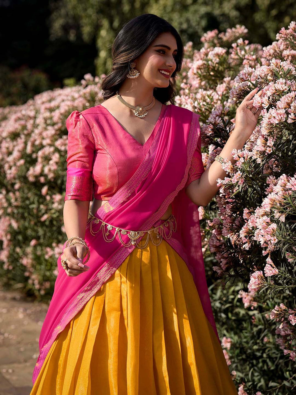 Evanik Women South-Style Kanchipuram Silk Stitched Lehenga With Unstitched Blouse & Dupatta