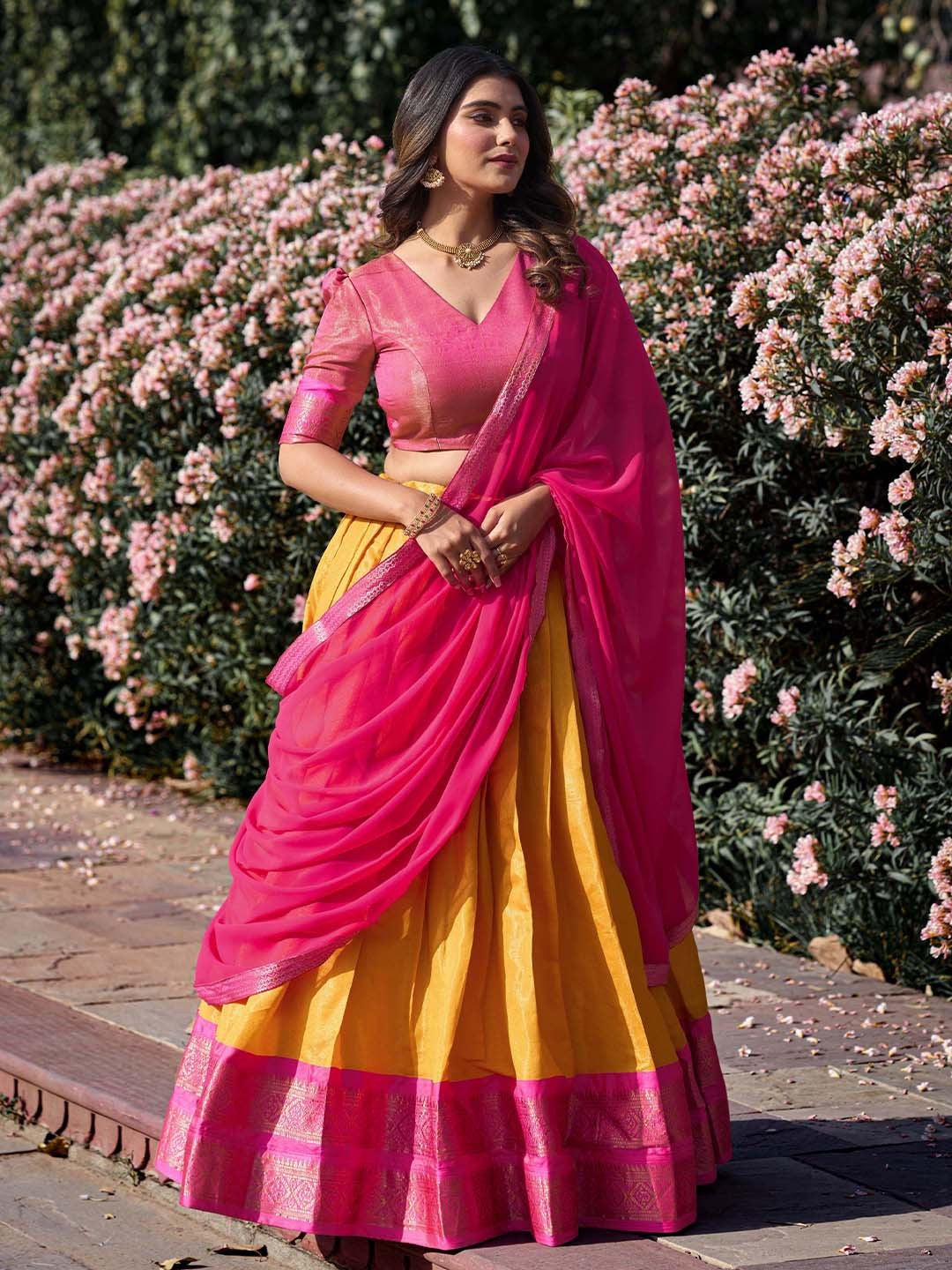 Evanik Women South-Style Kanchipuram Silk Stitched Lehenga With Unstitched Blouse & Dupatta