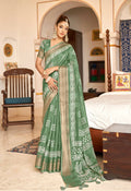 Green Patta Poly Cotton Aztec Printed Saree With Unstitched Blouse Piece - Shades